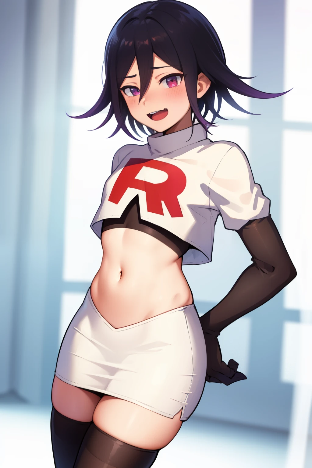 absurdres, cowboy shot, solo, male focus, trap, 1boy, crossdressing,1boy, oma kokichi, team rocket,team rocket uniform,white skirt,red letter R,crop top,black thigh-highs,black elbow gloves, evil laugh, blush