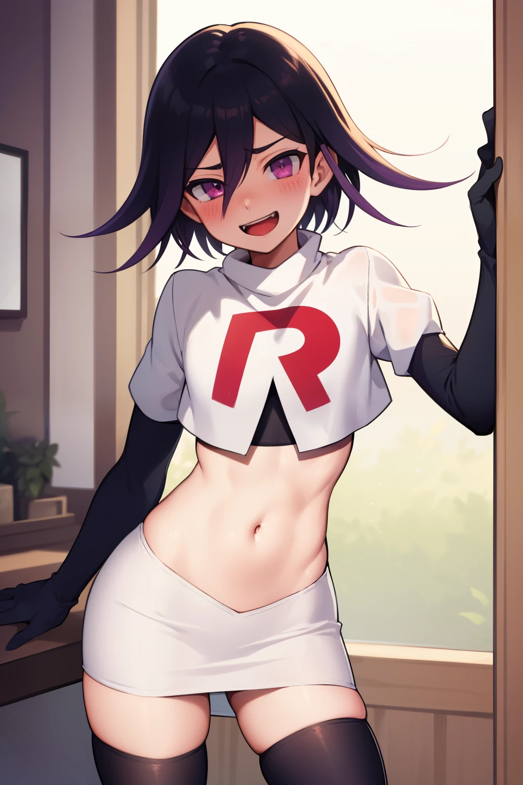 absurdres, cowboy shot, solo, male focus, trap, 1boy, crossdressing,1boy, oma kokichi, team rocket,team rocket uniform,white skirt,red letter R,crop top,black thigh-highs,black elbow gloves, evil laugh, blush