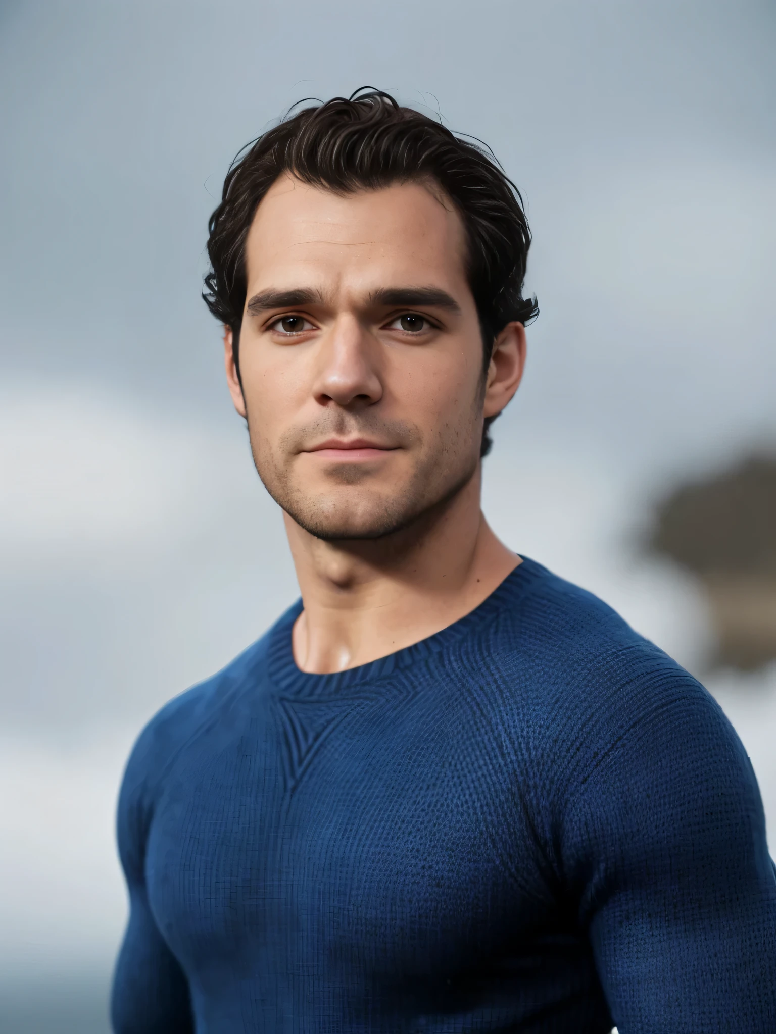 Close-up of a man wearing a blue sweater posing for a photo, portrait of henry cavill, Ryan Dan&#39;s, henry cavill, henry cavill, Rafael Pernaz, henry cavill!!!, henry cavill as james bond, Handsome and charming, sebastian stan, Doe Bateman&#39;gaze, henry cavill as a space marine, he is wearing a brown sweater, handsome man