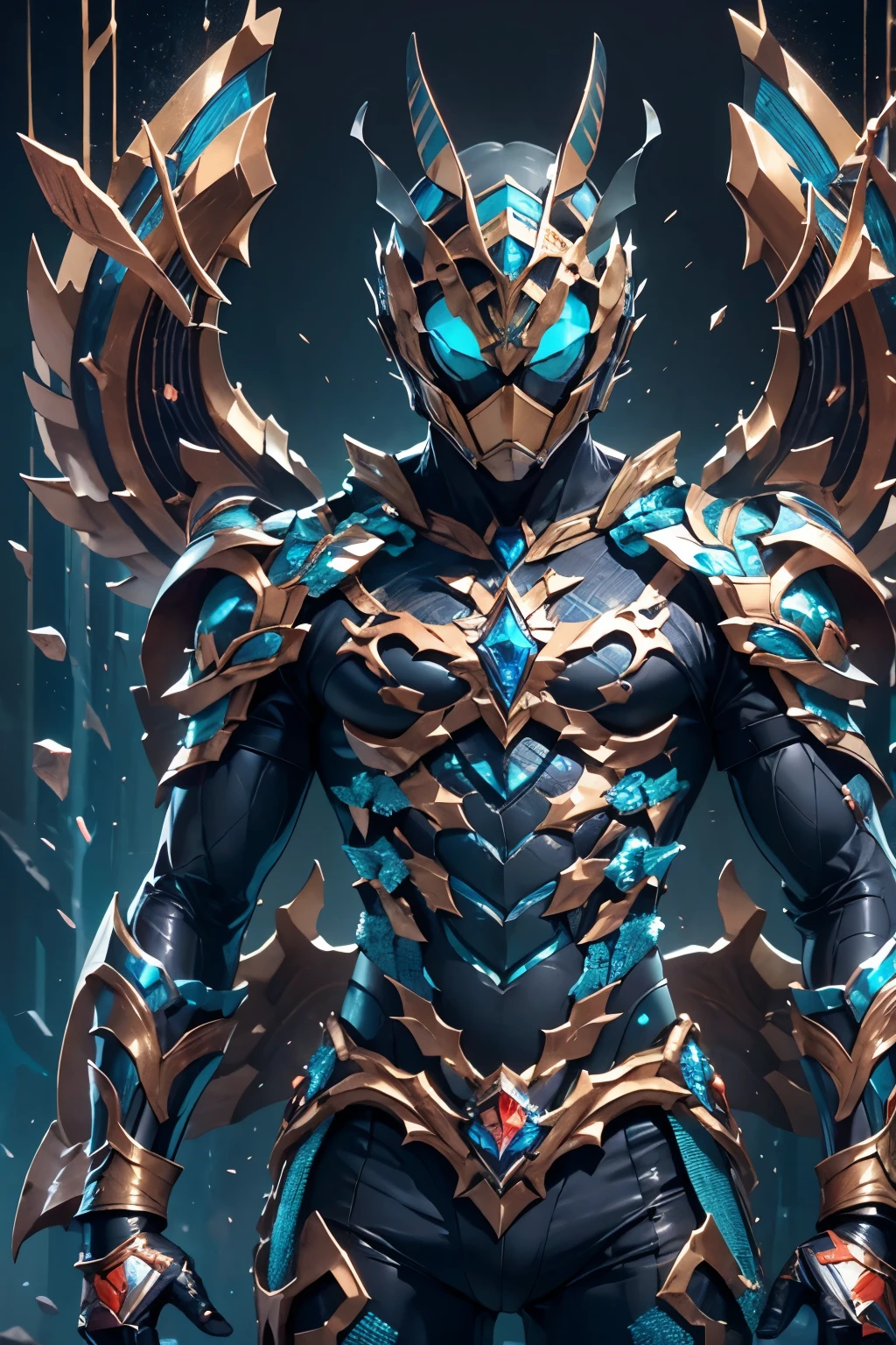 1 dark-skinned Haitian male astral Kamen Rider, slim low-profile two-tone black-and-blue jewel encrusted armor, semi-mechanical, partially armored, stagbeetle superhero, athletic build, light metal, mechanical marvel, guardian, dark anti hero, bloody pacifist, absurdres, high resolution, ultrasharp, 8k, masterpiece