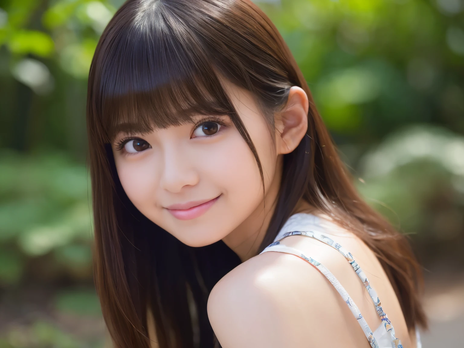 beautiful black eyes、dual、natural skin texture:1.8, Realistic eye and face details:1.7、medium breasts、In 8K,highest quality:1.4, Super high resolution:1.5, (realistic:1.4),masterpiece:1.2,(highest quality:1.4)、 RAW photo、 (background is blurry), 1 girl, cute, (alone:1.4), (shy smile), 、 (Brown shortcuts,bangs),Nogizaka,beautiful body, Full body background、cute顔、realism、skin that looks real、Breast G Cup、Tanuki Face、