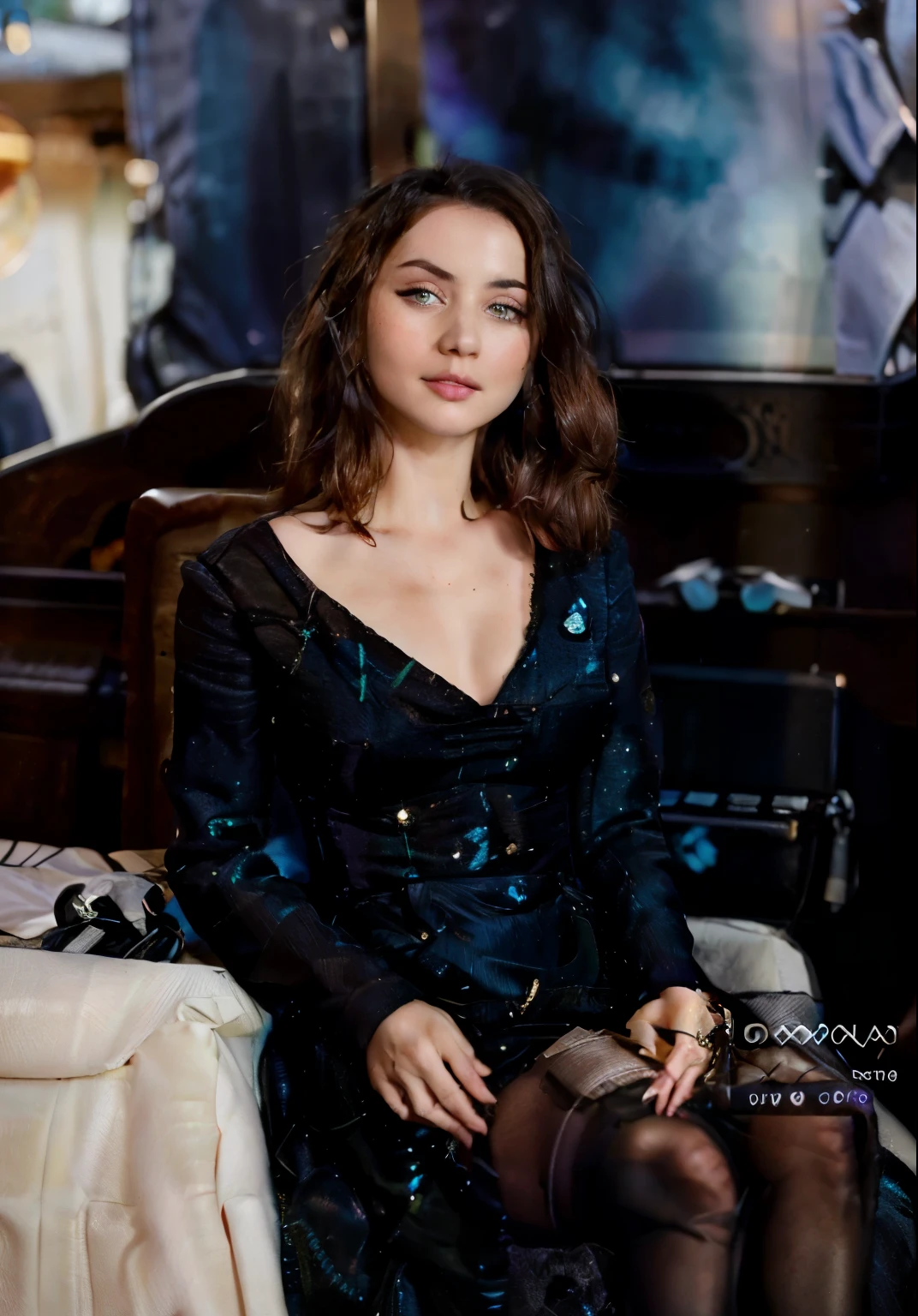 arafed woman in a black dress sitting on a blue couch, anna nikonova aka newmilky, portrait color glamour, photoshoot portrait, wearing a sparkling dress, high quality portrait photoshoot, mid shot portrait, portrait sophie mudd, glamour portrait, alina ivanchenko, bokeh in the background only, portrait image, captured on canon eos r 6, high quality portrait,Make she more realistic, more feminien, 8k resolotion, change eye color to sky blue, sexy pose, sexy body , detailed body shape