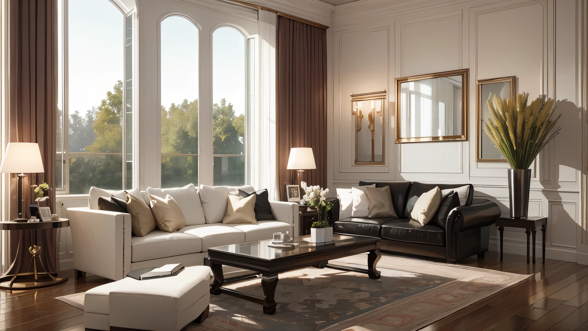 You are a famous interior designer、You have been asked to create a 3D image of a modern large room. Create a harmonious environment with modern and minimalist furniture. Including garden interior.