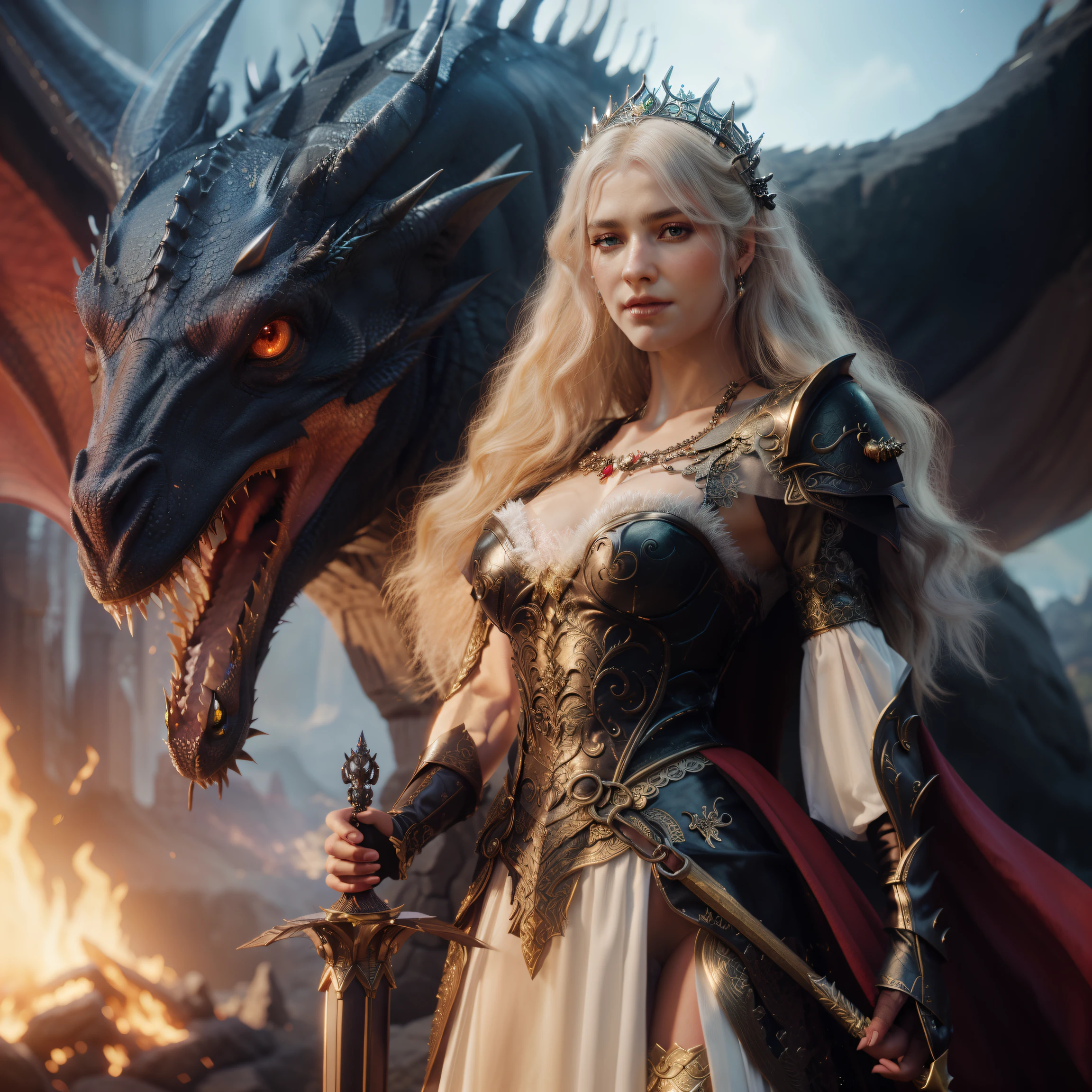 a close up of a woman in a dress with a dragon, queen of dragons, 4 k detail fantasy, 4k fantasy art, dragon queen, unreal engine fantasy art, fantasy style 8 k octane render, artgerm ; 3d unreal engine, hyperrealistic fantasy art, 8k fantasy art, elegant cinematic fantasy art, epic fantasy art style hd, detailed fantasy art