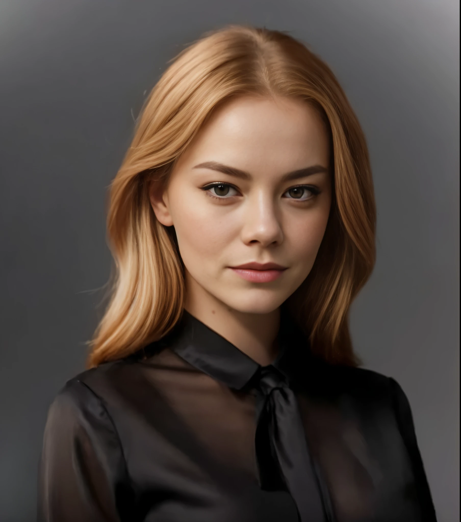 Close-up of a woman in a black shirt and tie, emma stone portrait, portrait of emma stone, elegant digital art, portrait of teenage emma stone, emma stone face, emma stone with blond hair, Portrait of Margot Robbie, Realistic numbers, margot robbie portrait, olya bossak, realistic digital illustration, emma stone, high quality portraits，red pupils