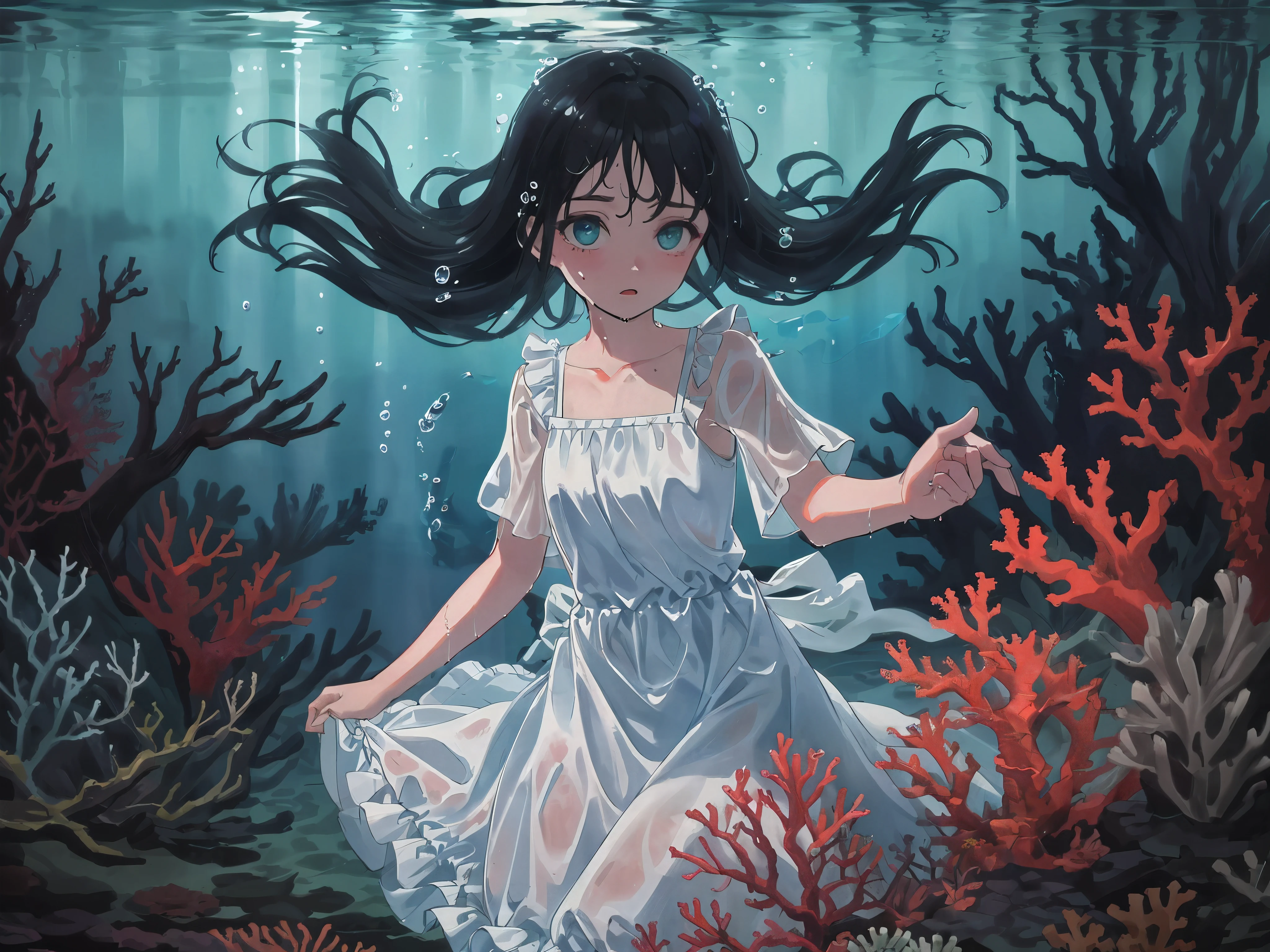 (((masterpiece))),(((best quality))),((Super detailed)),((underwater)),(illustration),(Beautiful and delicate water),((coral)),chiaroscuro, open tuck,((Extremely delicate and beautiful girl)),dynamic angle,floating,(Beautiful and delicate eyes),(detail light),(Change),floating hair,glowing eyes,(splash),underwater)),black hair,green right eye,ice blue left eye,White silk long dress, (wet clothes), textured, The best decoration, The best wrinkles, best shadow, feather,nature,(Sunlight),(underwater forest),(painting),(bloom),(Detailed luminescence),(Soaked),seaweed,fish,(((Tyndall effect))),