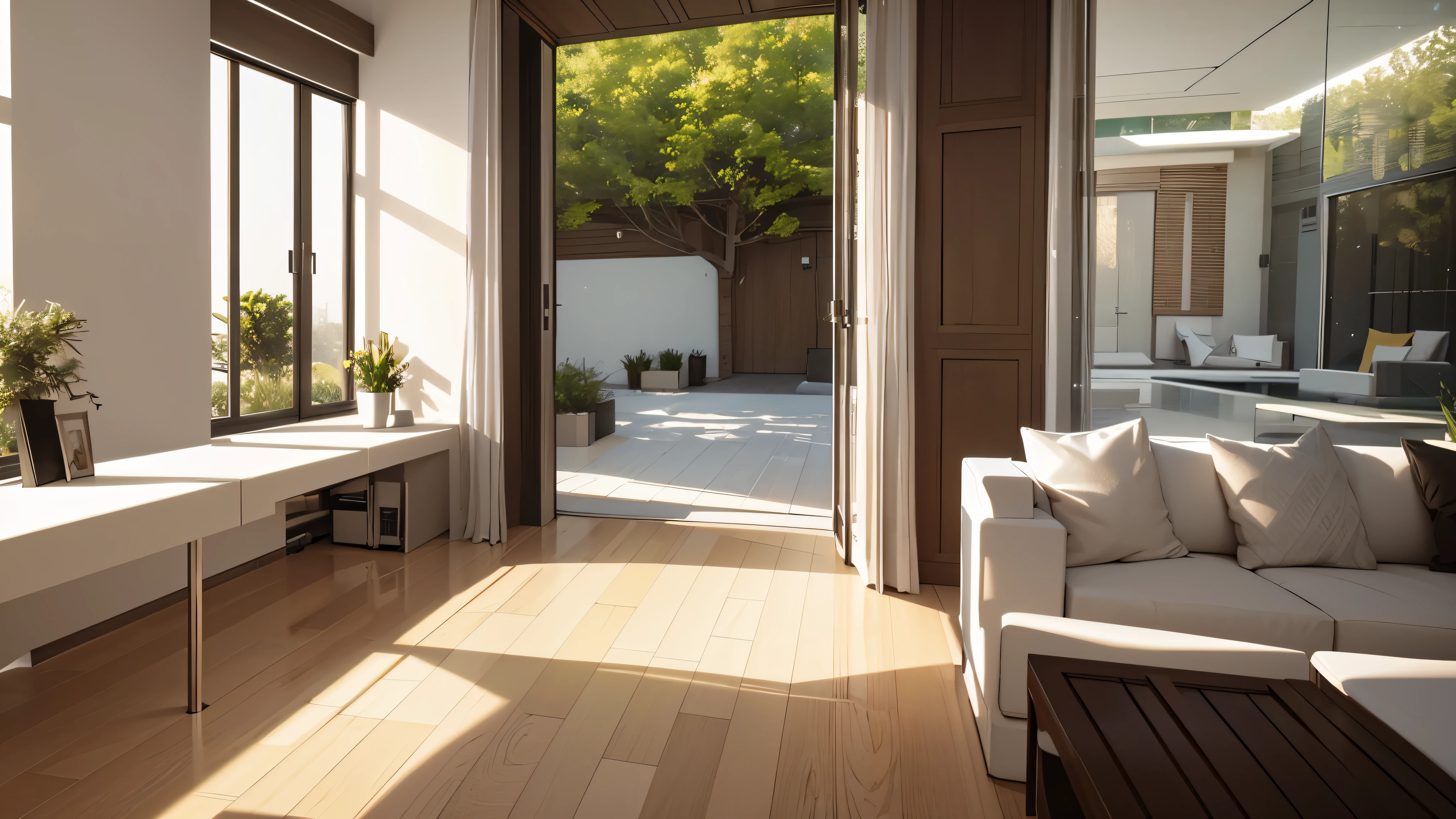 You are a famous interior designer、You have been asked to create a 3D image of a modern large room. Create a harmonious environment with modern and minimalist furniture. Including garden interior.