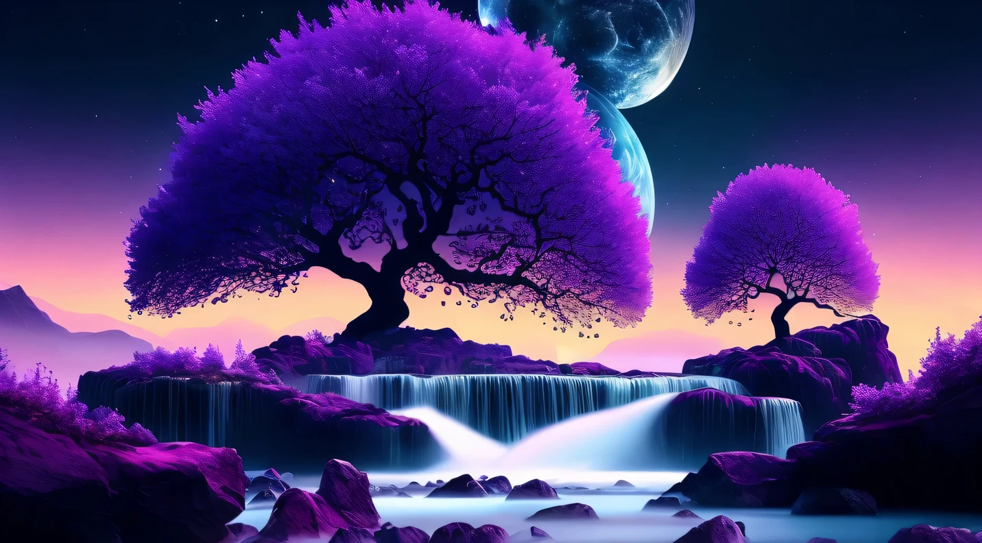 arbres violets et cascade dans un ciel nocturne sombre, art de fondwork, bel art uhd 4k, art de fond, Cascade extraterrestre, Nuit calme. Illustration numérique, fond magique, Peinture numérique fantastique, Cascades galactiques, peinture numérique onirique, Fantaisie d'Art numérique, Beau fond d'écran, Art numérique détaillé 4K, style artistique fantastique, très bel Art numérique, Cascades de nébuleuses