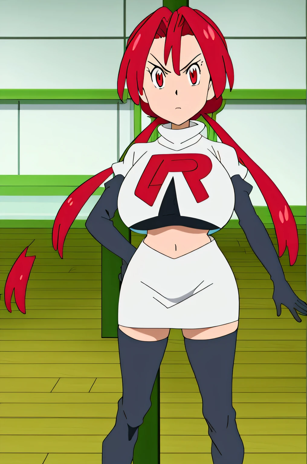 masterpiece, perfect lighting, (beautiful, best quality:1.3), perfect eyes, absurdres, 8k,
1girl, solo, (absurdres), finely detail,
ilulu_maiddragon, red hair, long hair, huge breasts, red eyes, twintails, horns, huge breasts,
masterpiece, best quality, highres,team rocket uniform, red letter r, white skirt, white crop top, black thigh-high boots, black elbow gloves, glaring angrily, looking at viewer, hands on hips, full body seen, zettai ryouiki