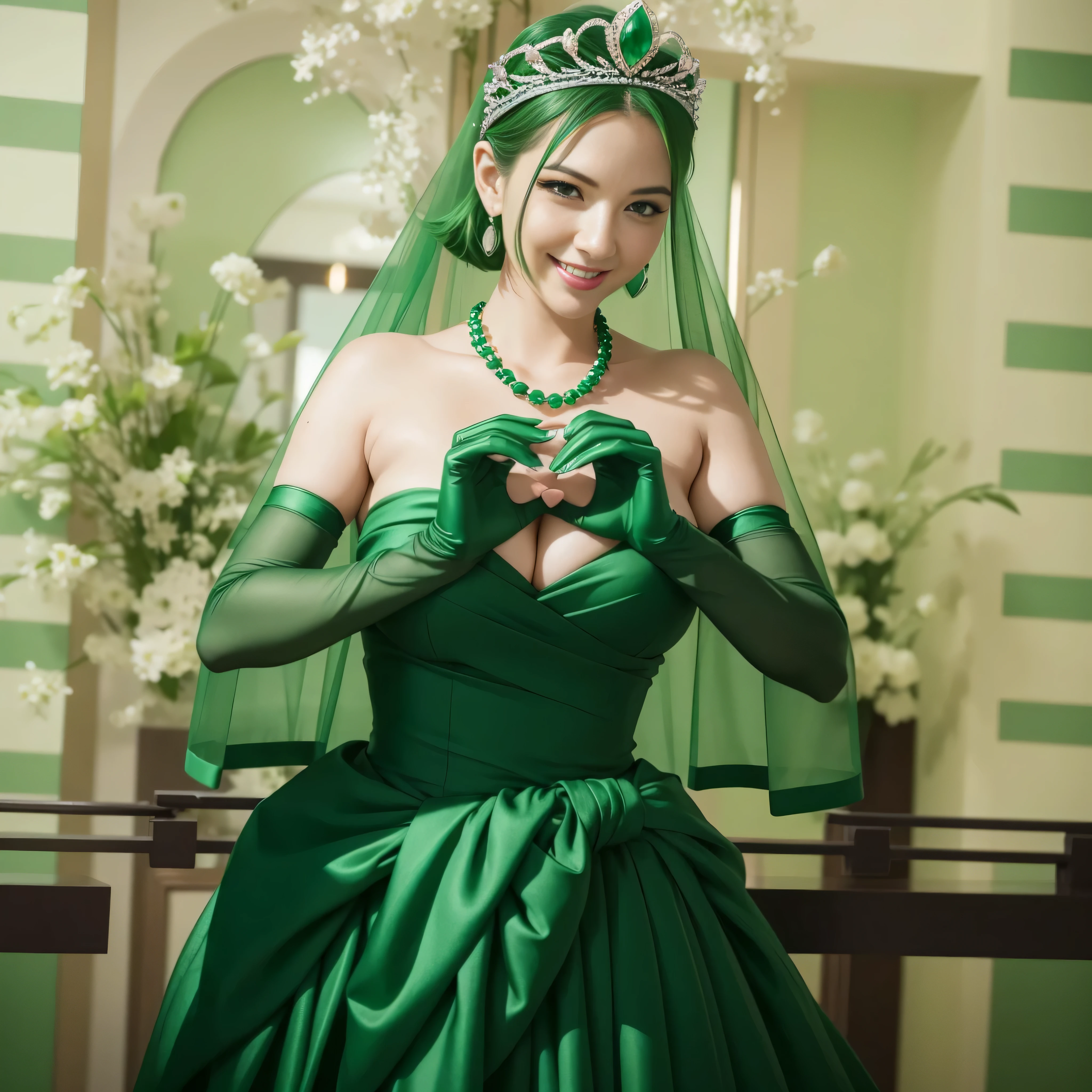 emerald tiara, green pearl necklace, ボーイッシュな非常に短いgreen hair, lipstick, Smiling woman in her 30s, very short hair, Beauty with large breasts, green eyes, Long Green Satin Gloves, green eyes, emerald earrings, green veil, heart with both hands, green hair, Beautiful woman in her 30s, heart shaped hand:1.3