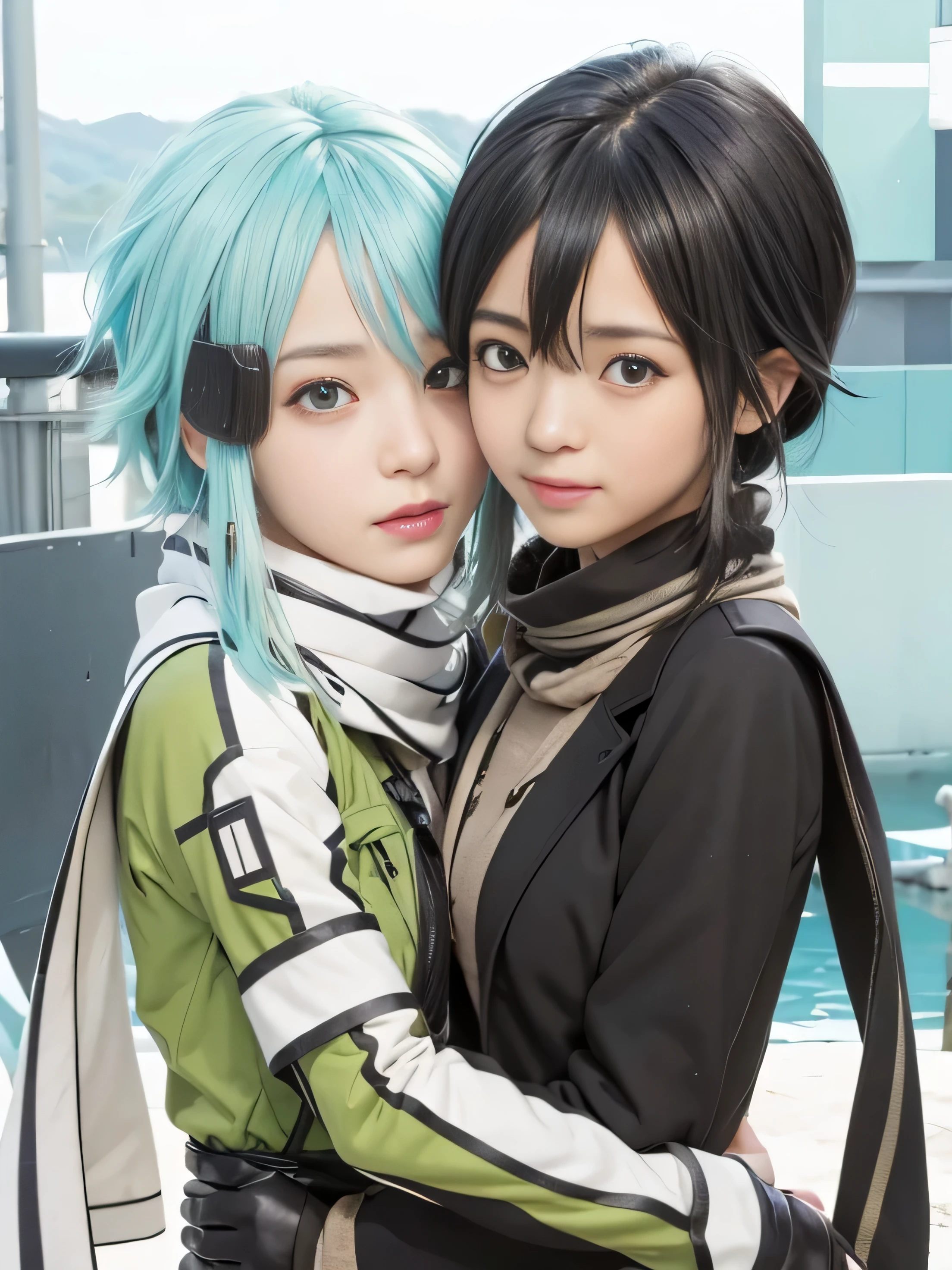 Realistic,masterpiece, best quality, (realistic,photo-realistic:1.4), (RAW photo:1.2),extremely detailed CG unity 8k wallpaper, delicate and beautiful, amazing,finely detail, official art, absurdres, incredibly absurdres, huge filesize,ultra-detailed,extremely detailed eyes and face, light on face,little smile,short hai,two girls,(shino asada (black hair:1.3)),(sinon,(cyan hair:1.3)),outdoor,wearing scarf