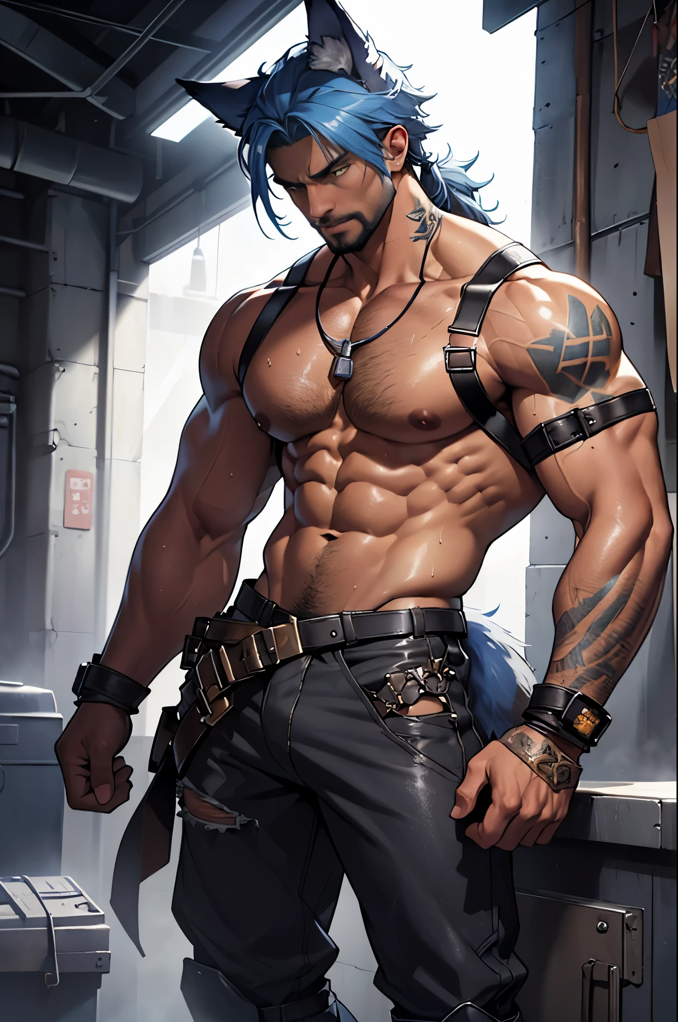 ((deep v-line)) punk military alpha male, monster, chest harness, ((wearing big boots)), standing up leaning back, hips forward, thin waist, hyper muscle, broad shoulders, vascular, big pecs, deep abs, glitter, sparkle, highly detailed face, showing off, flexing bicep, hairy armpits, sweating, dripping, underwear, pants undone, unbuttoned, sultry, alpha male, hyper masculine with short beard, body hair, ((dark tanned skin)), big bulge, short light blue hair, ((has wolf ears)), ((has wolf tail)), sparkly dramatic lighting, glass environment, wearing ripped yellow and black two-tone pants that sit low on his hips, ((he is solo, he is alone)), has ((blue tattoos)), wearing bandana and leather wrist bands, wearing fingerless gloves, very muscular thighs, shirtless