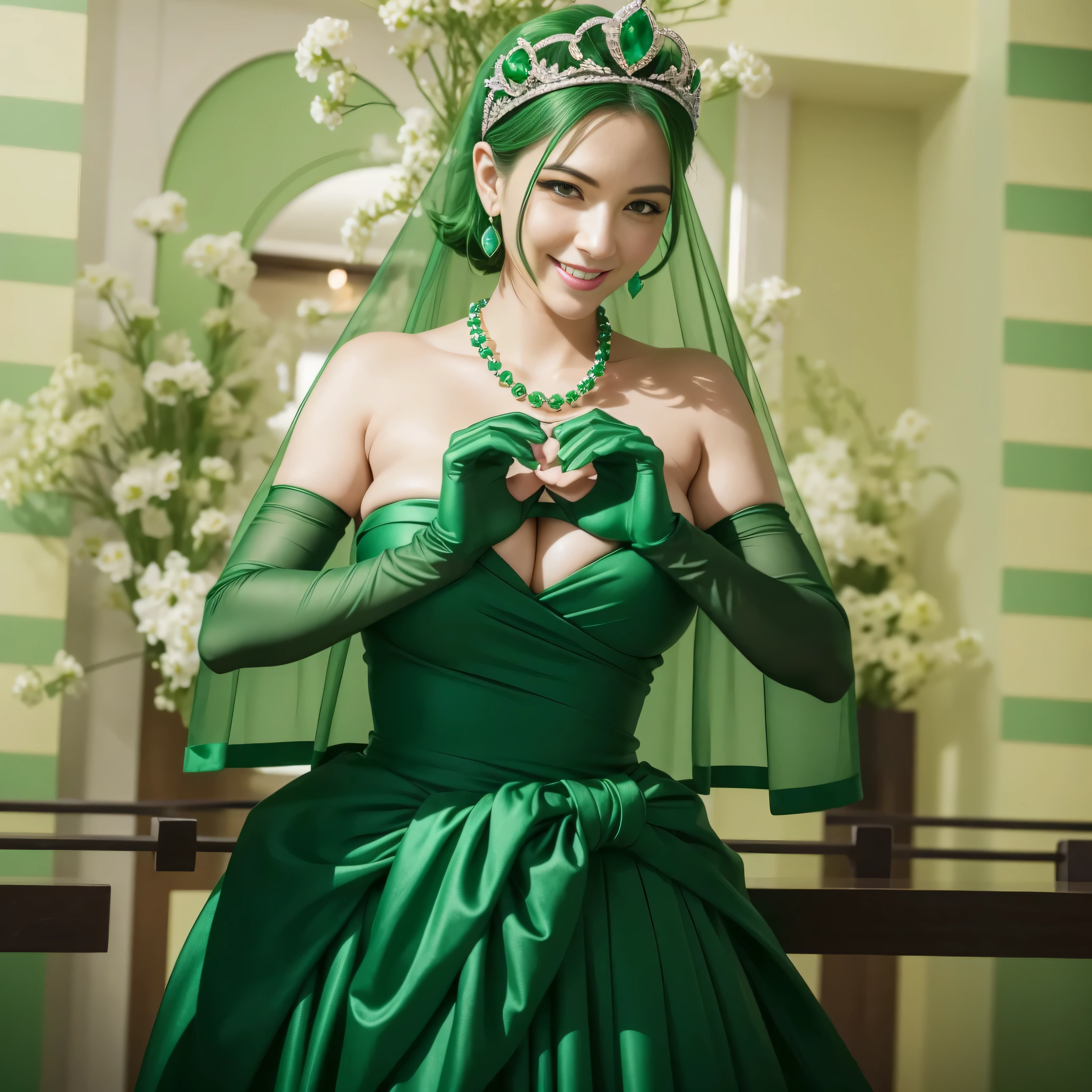 emerald tiara, green pearl necklace, ボーイッシュな非常に短いgreen hair, lipstick, Smiling woman in her 30s, very short hair, Beauty with large breasts, green eyes, Long Green Satin Gloves, green eyes, emerald earrings, green veil, heart with both hands, green hair, Beautiful woman in her 30s, heart shaped hand:1.3