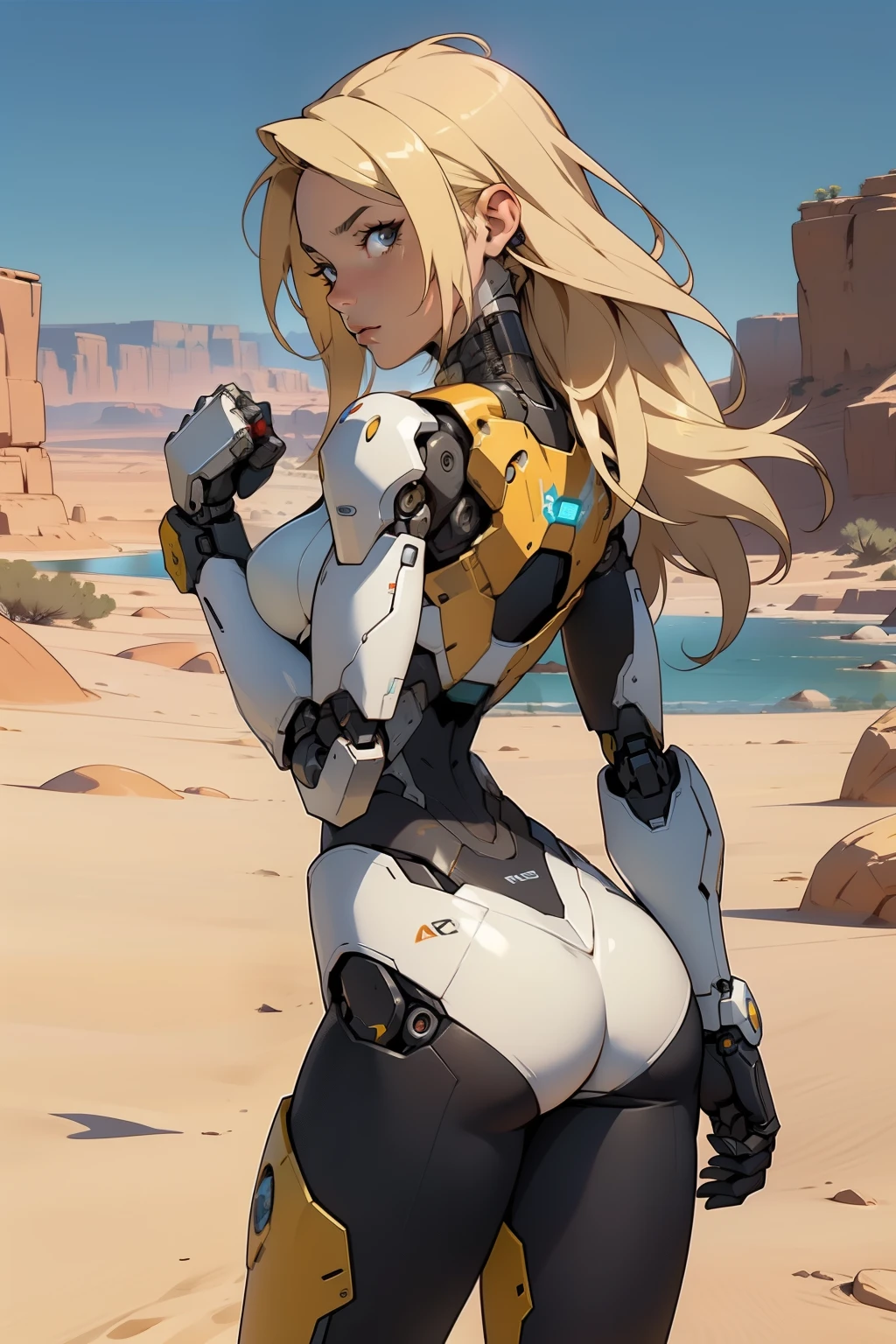 high quality, 4k, masterpiece, beautiful, cyborg girl, cowboy shot, dull eyes, back side, turning around to look at viewer, long blonde hair, girl, small breasts, fit thigh, robotic arms, robotic body, cyborg body, yellow accent, redaccent, intricate detail, joint, detailed lines, robotic detail, holding fist up, holding hand up as fist, color robotic parts, robotic parts with color, perfect fingers, on a desert planet, sunny background, colorful desert, a river in the background