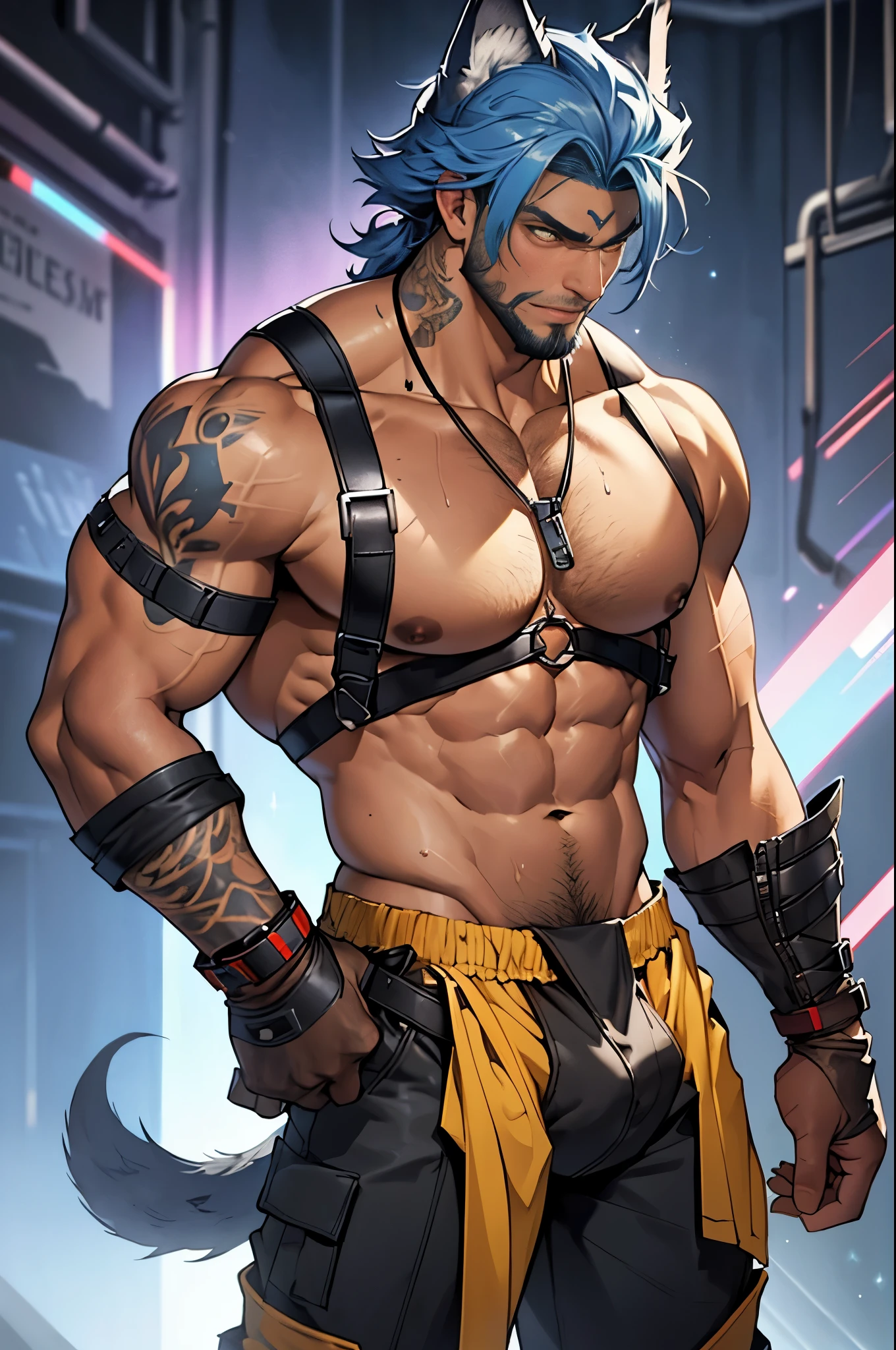 ((deep v-line)) punk military alpha male, monster, chest harness, ((wearing big boots)), standing up leaning back, hips forward, thin waist, hyper muscle, super broad shoulders, vascular, monstrous pecs, big abs, glitter, sparkle, highly detailed face, showing off, flexing bicep, hairy armpits, sweating, dripping, underwear, pants undone, unbuttoned, sultry, alpha male, hyper masculine with short beard, body hair, ((dark tanned skin)), big bulge, short light blue hair, ((has wolf ears)), ((has wolf tail)), sparkly dramatic lighting, glass environment, wearing ripped yellow and black two-tone pants that sit low on his hips, ((he is solo, he is alone)), has ((blue tattoos)), wearing bandana and leather wrist bands, wearing fingerless gloves, very muscular thighs, shirtless