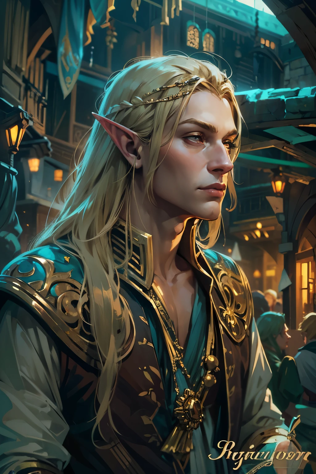 Male elf, Golden blonde hair, long hair,accessories and jewelries in the hair, gold eyes, in an ancient city of golden sand, fantasy character