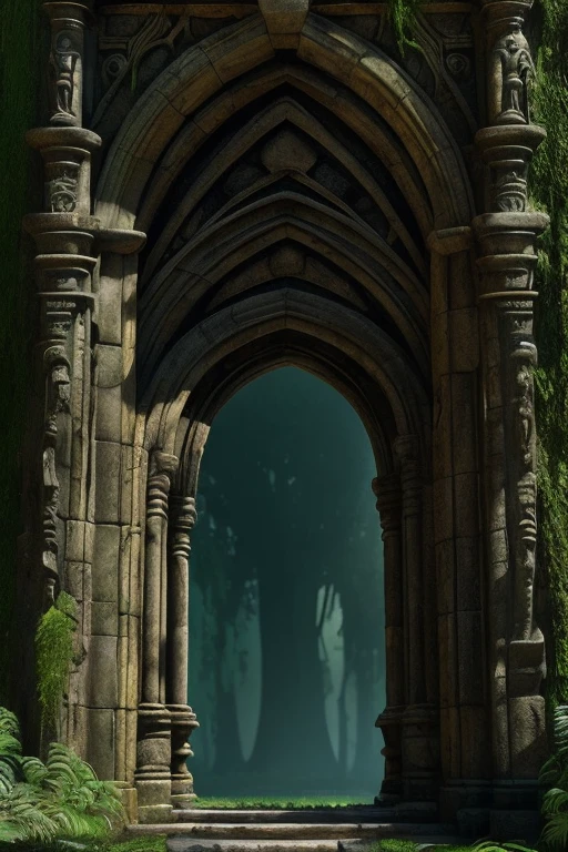 An ancient gateway of time and space, a weathered stone structure of best quality and resolution (1.2), with dimensions in 4K and 8K (ultra-high definition), revealing a magnificent masterpiece. The giant double doors are intricately carved, displaying photorealistic (1.37) and highly detailed designs that seem to come alive. Glimmering portal to another dimension, the entrance casts a serene atmosphere infused with magic, as dappled sunlight streams in through the layers of overgrown vines and moss covering the entrance. Crumbling pillars and cracked walls tell tales of a long-lost civilization, while twilight hues cast an eth