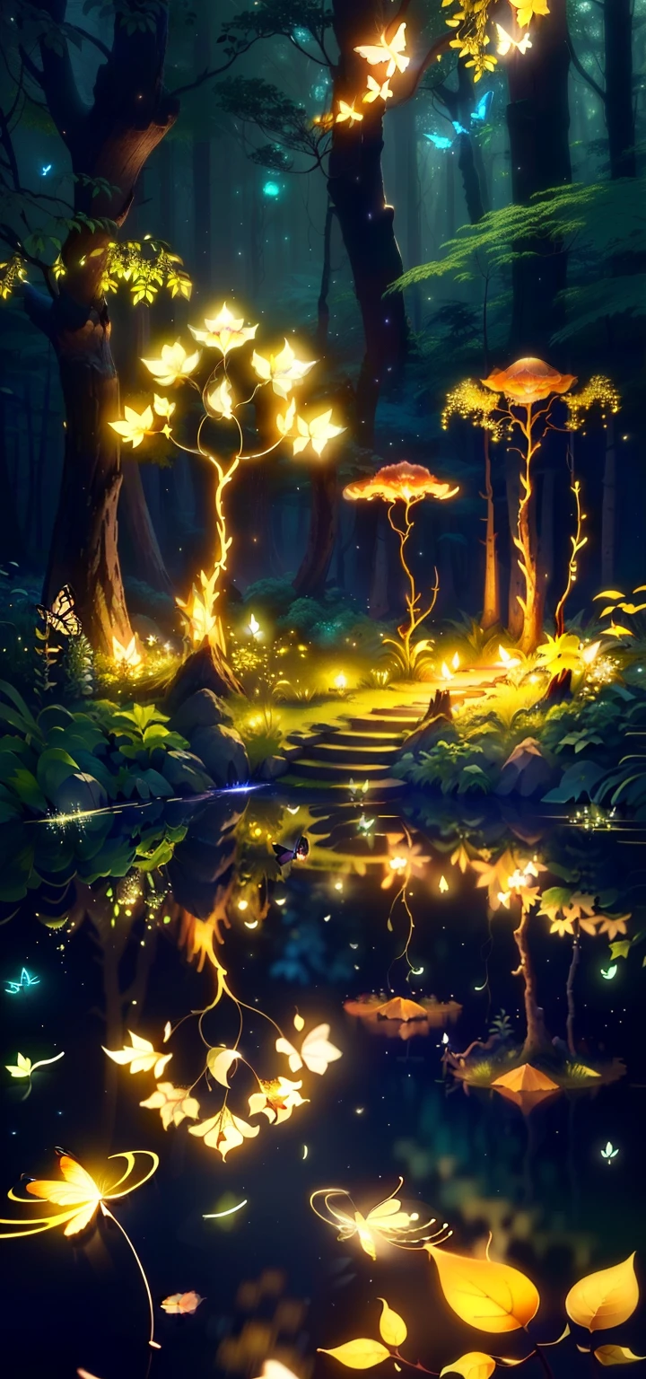 A masterpiece, the best quality, stunning reflections, the best reflections ever. (very detailed CG unity 8k wallpapers), (best quality), (best illustrations), (best shadows), forest theme with natural elements. Tall trees, quiet streams, small glowing mushrooms surrounded by delicate leaves and branches, with fireflies and glowing particle effects,, (natural elements), (jungle theme), (leaves), (twigs), (fireflies), butterflies, (delicate leaves), (glow), (particle effects). , Isometric 3D, Octane Rendering, Ray Traced, Super Detailed