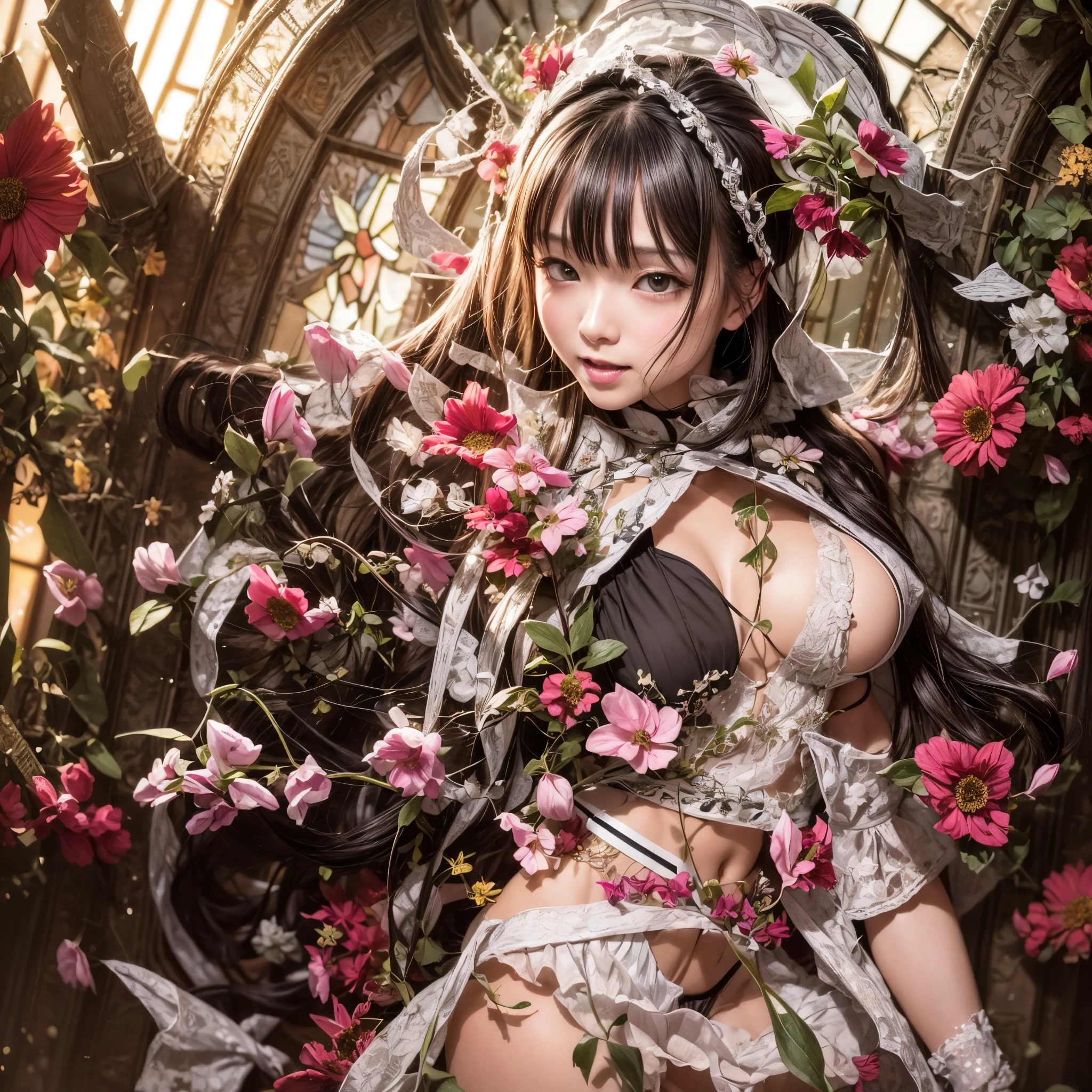 (NSFW:-0.98) . White and Red, (Dazzling colorful light pours down:1.2), (Physically-based Rendering with Ultra-detailed1.35), ((Masterpiece:1.2) of professional Analogue photo with Hasselblad), (((Realistic and Photorealistic with touch of rawness:1.37))), (((Acutance:0.85), { from below | from side } )) . ((A group photo of many KAWAII girls in (school uniform)) with visible Overflowing Cleavage) and Navel without bra . (((Extremely detailed KAWAII face variations)) with joyful expressions), { Detailed natural eyes with sparkling highlights and long eyelashes | Rosy cheeks | Navel | (pretty Ass) | (Overflowing underboob) | Oiled ivory skin Details | White panties with (blood seeping only in crotch area) | ((full of Flowers covering girl's body:1.15)) | (((Dazzling colorful stained glass with stunning elaborate details:1.2))) | Mystic sight | A Halo ling in the air | God rays | Haze | Lens flare | Luminescent particles | Kissing face to face } . Ultra-detailed, (Exposed:0.8), (((Nipple:-0.9))) .
