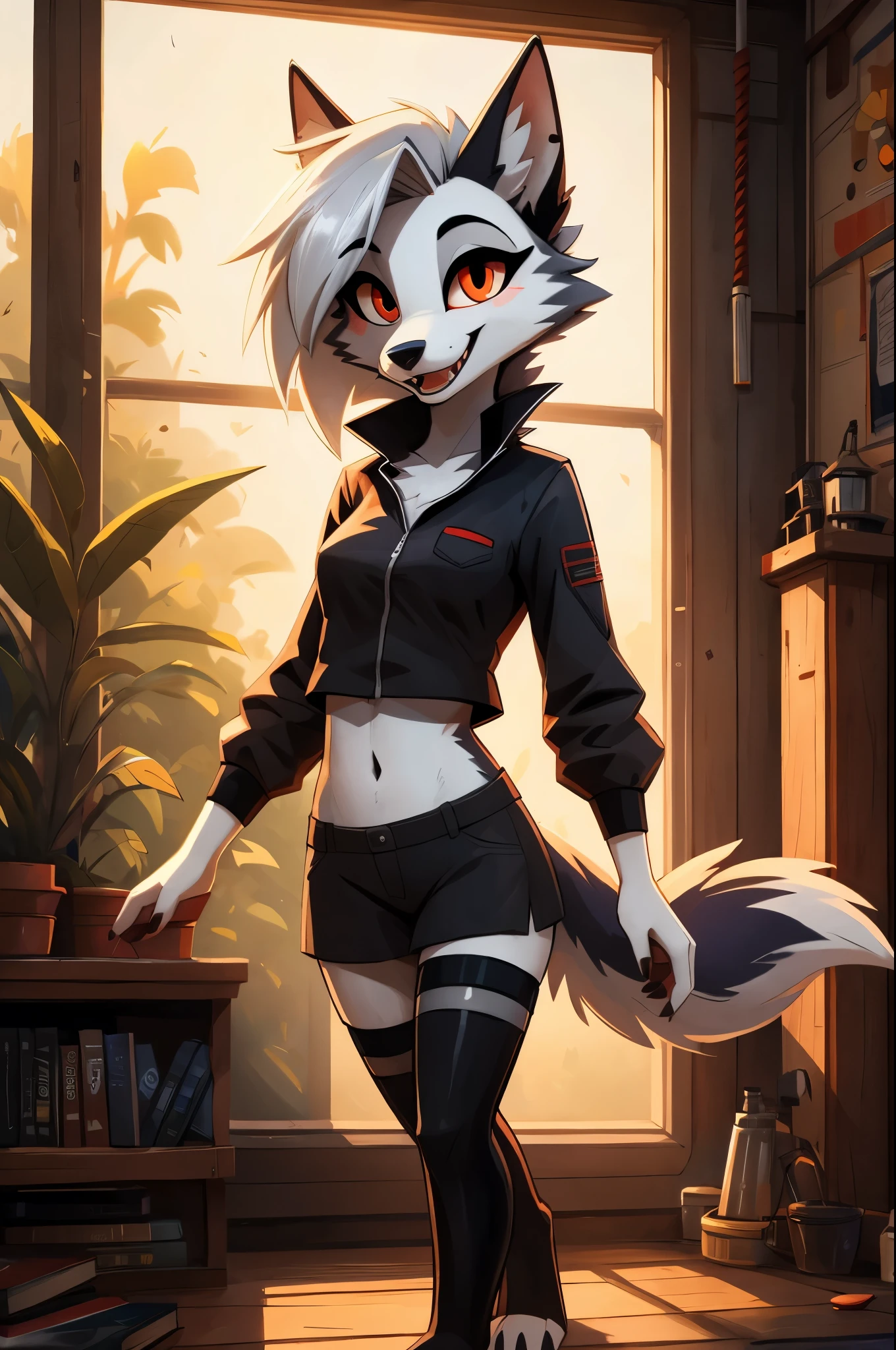 enginetrap helluva_boss loona_(helluva_boss) canid canid_demon demon hellhound mammal 2021 digital_media_(artwork) hi_res lighting shaded signature anthro book clothed clothing female fully_clothed fur light looking_at_viewer midriff open_mouth open_smile smile solo tail toeless_legwear white_body white_fur, BREAK (masterpiece, best quality, coloured sketch, 4k, 2k, (intricate, high detail:1.2), film countershading, analog style, absurd res, by enginetrap) (best quality, high quality:1.4)