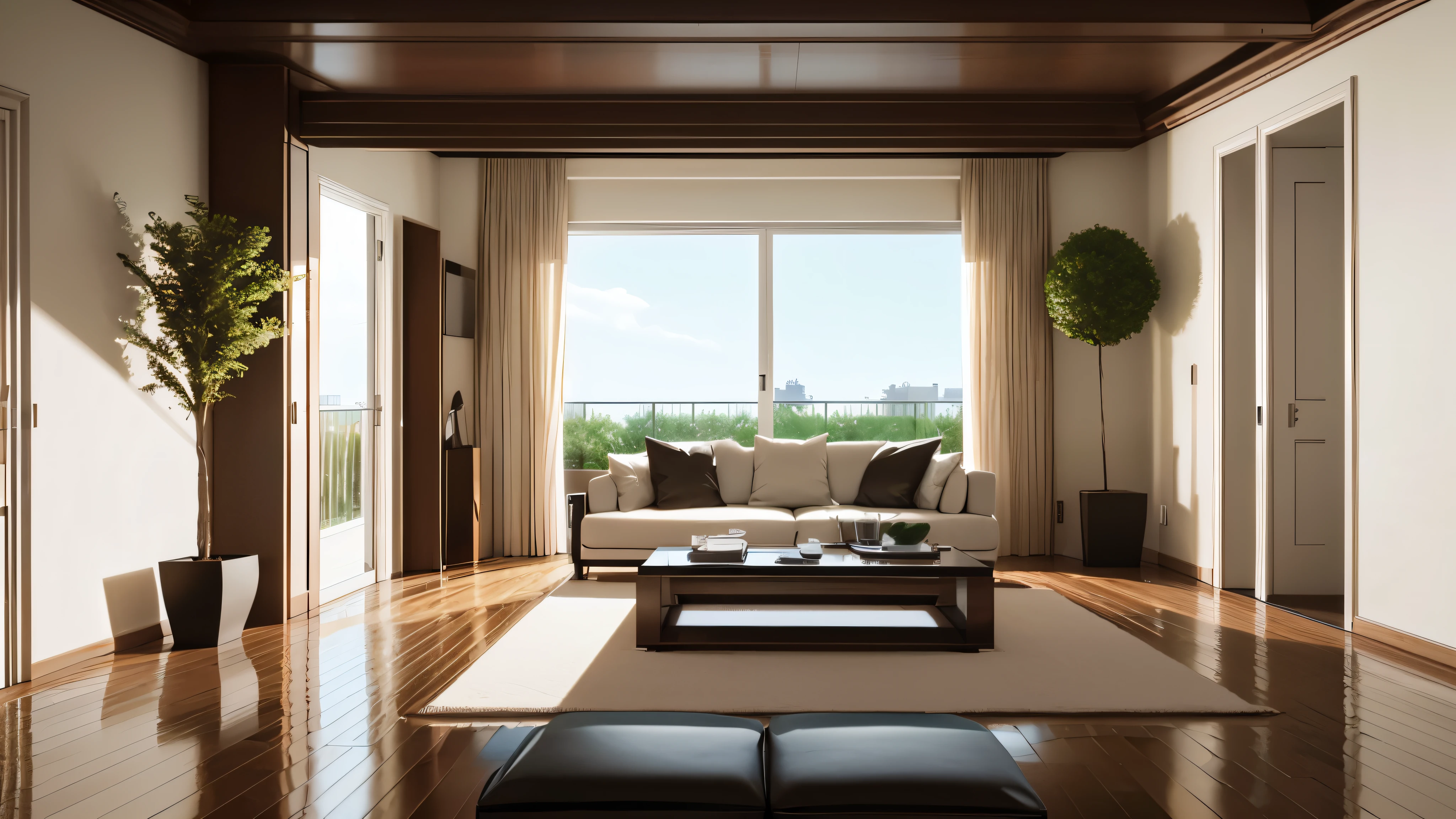 You are a famous interior designer、You have been asked to create a 3D image of a modern large room. Create a harmonious environment with modern and minimalist furniture. Including garden interior.