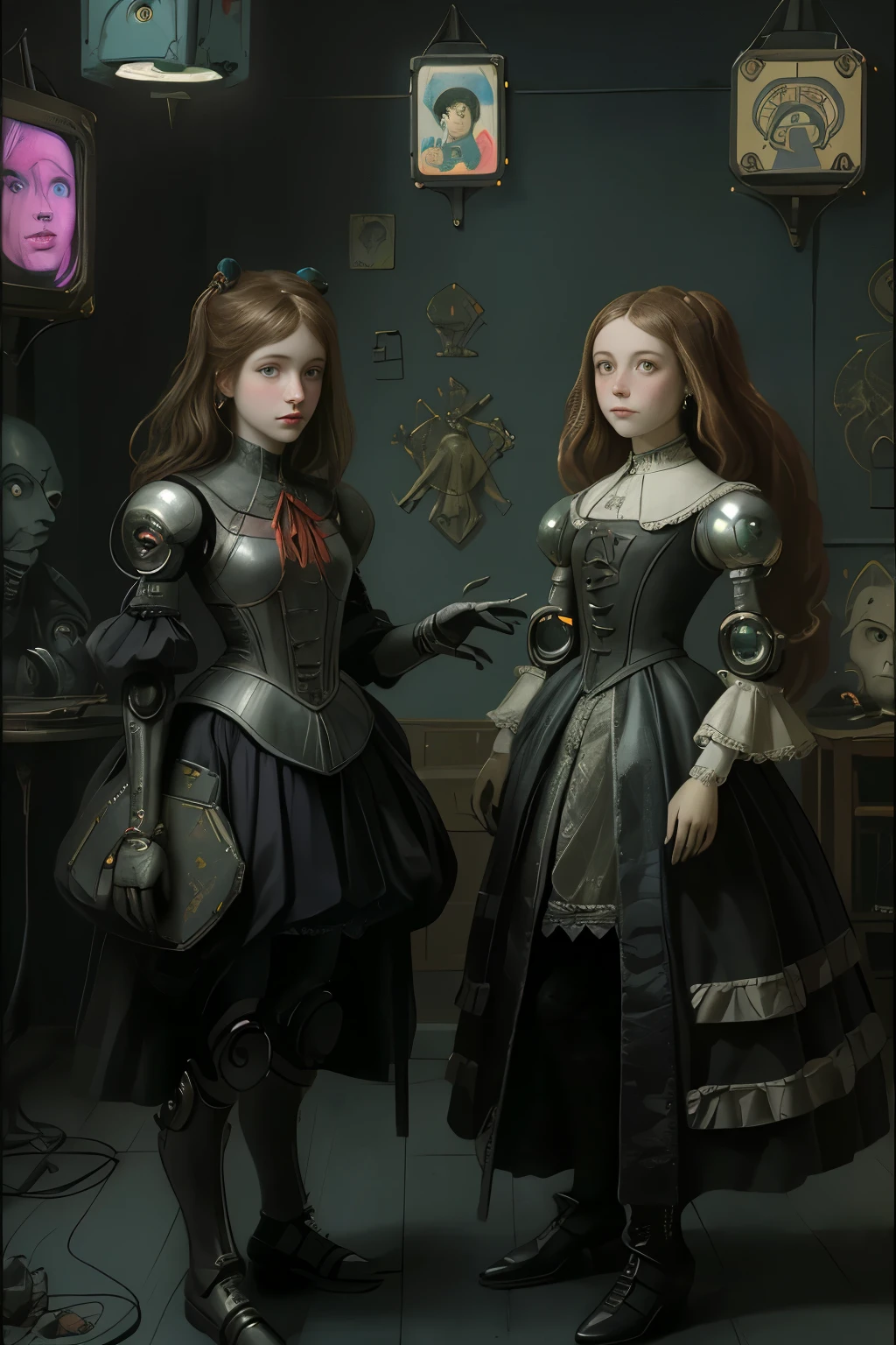 Painting of a robot family reunion in a room with a robot dog, inspired por Diego Velzquez, ((artwork The Girls of Velazquez version cyborg and robots)) , Diego Velzquez, Velasquez, inspirado en Gabriel Metsu, inspirado por Pieter Jansz Saenredam, inspirado en Gerard de Lairesse, inspirado en Gerard ter Borch, por Emanuel de Witte, room with neon lights and screens. Las s by Velázquez Steampunk style