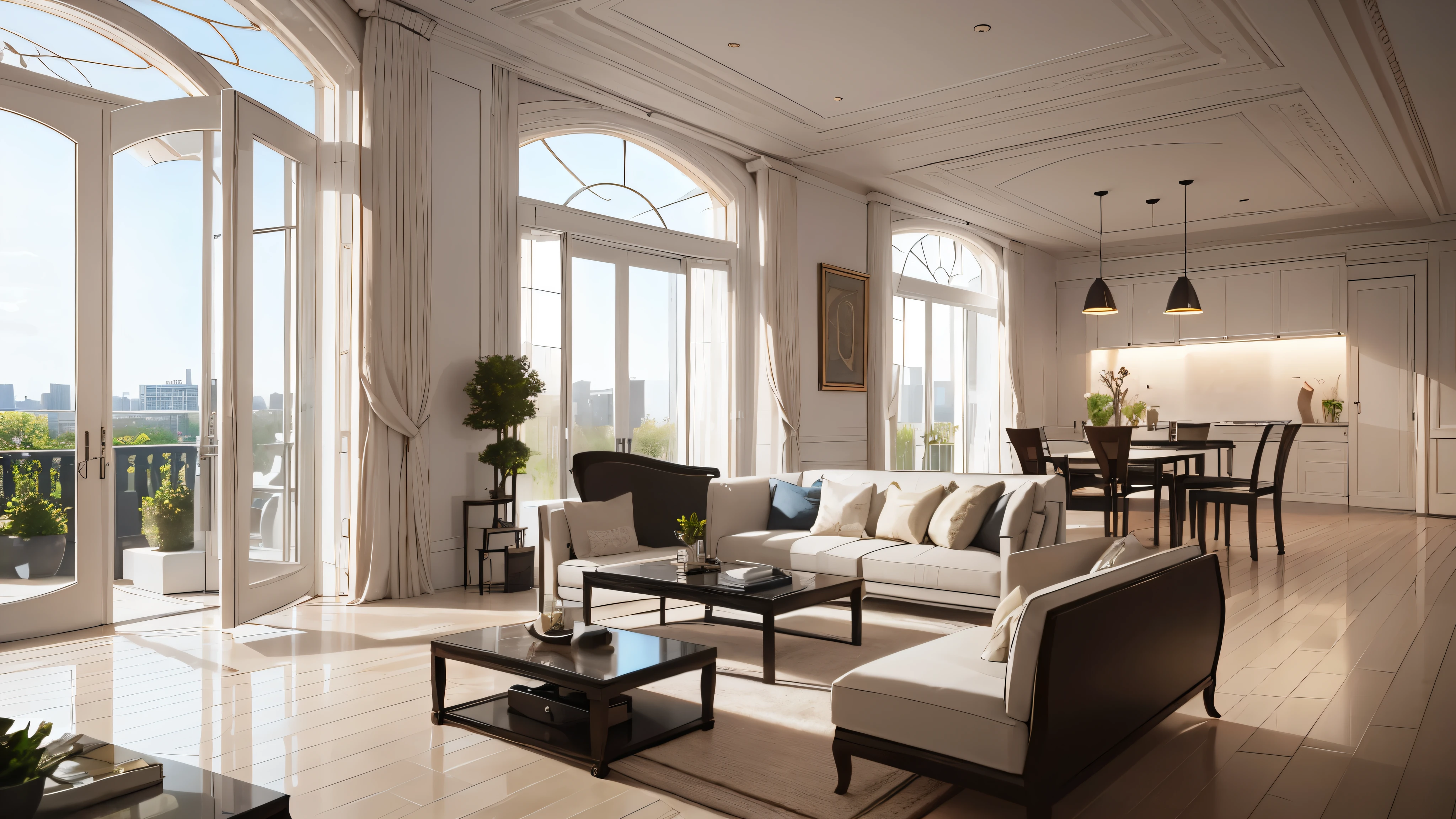 You are a famous interior designer、You have been asked to create a 3D image of a modern large room. Create a harmonious environment with modern and minimalist furniture. Including garden interior.