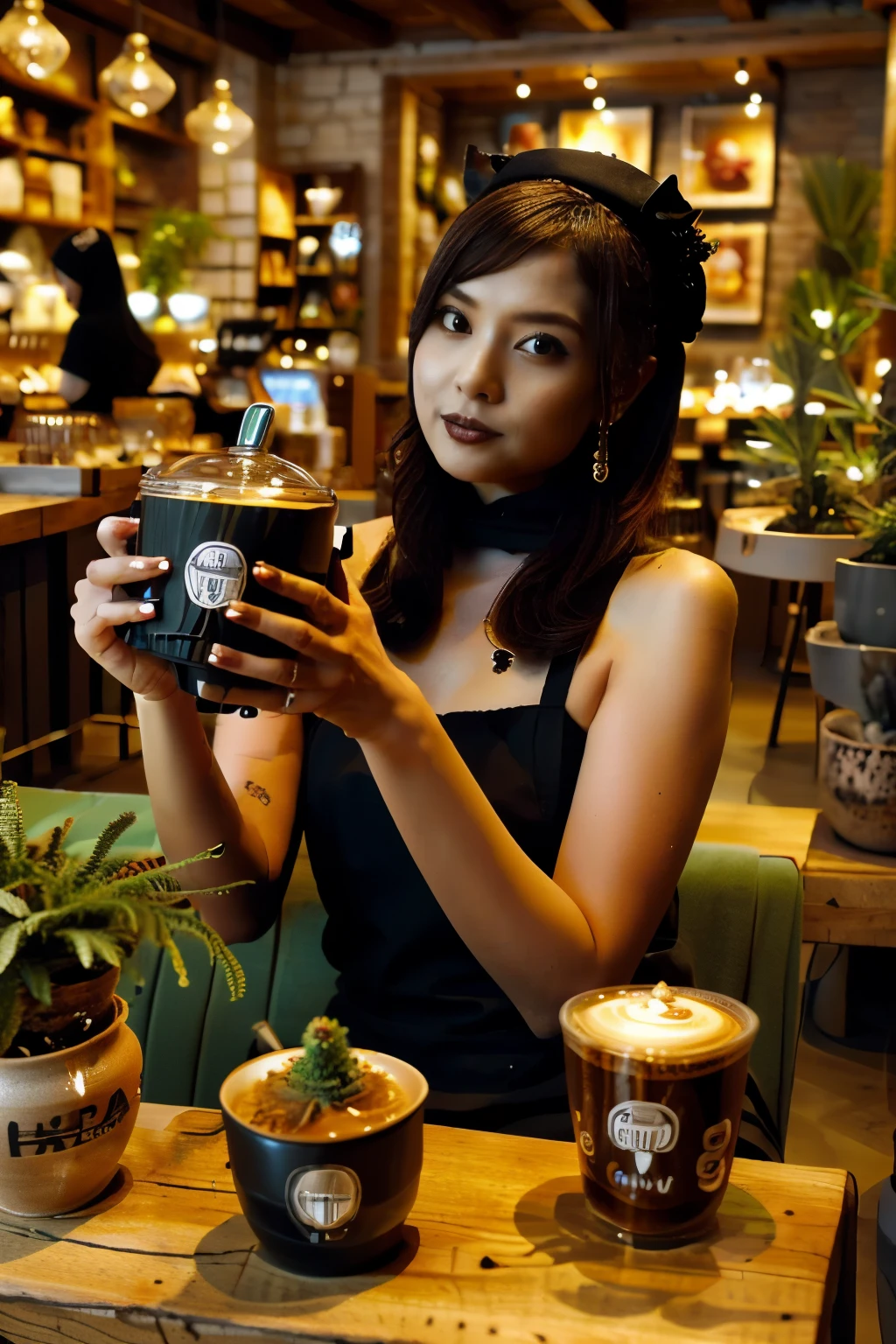 ((Benevolent voluptuous ((Indonesian)) barista)) sitting at wooden table while intently reading book, (wearing baristas uniform), wearing fun hat, tattoos on arms and legs, wearing smartwatch, high quality photo, sitting in the middle of the quiet (goth themed cafe with copious potted cannabis sativa plants) during golden hour, French press coffee on table