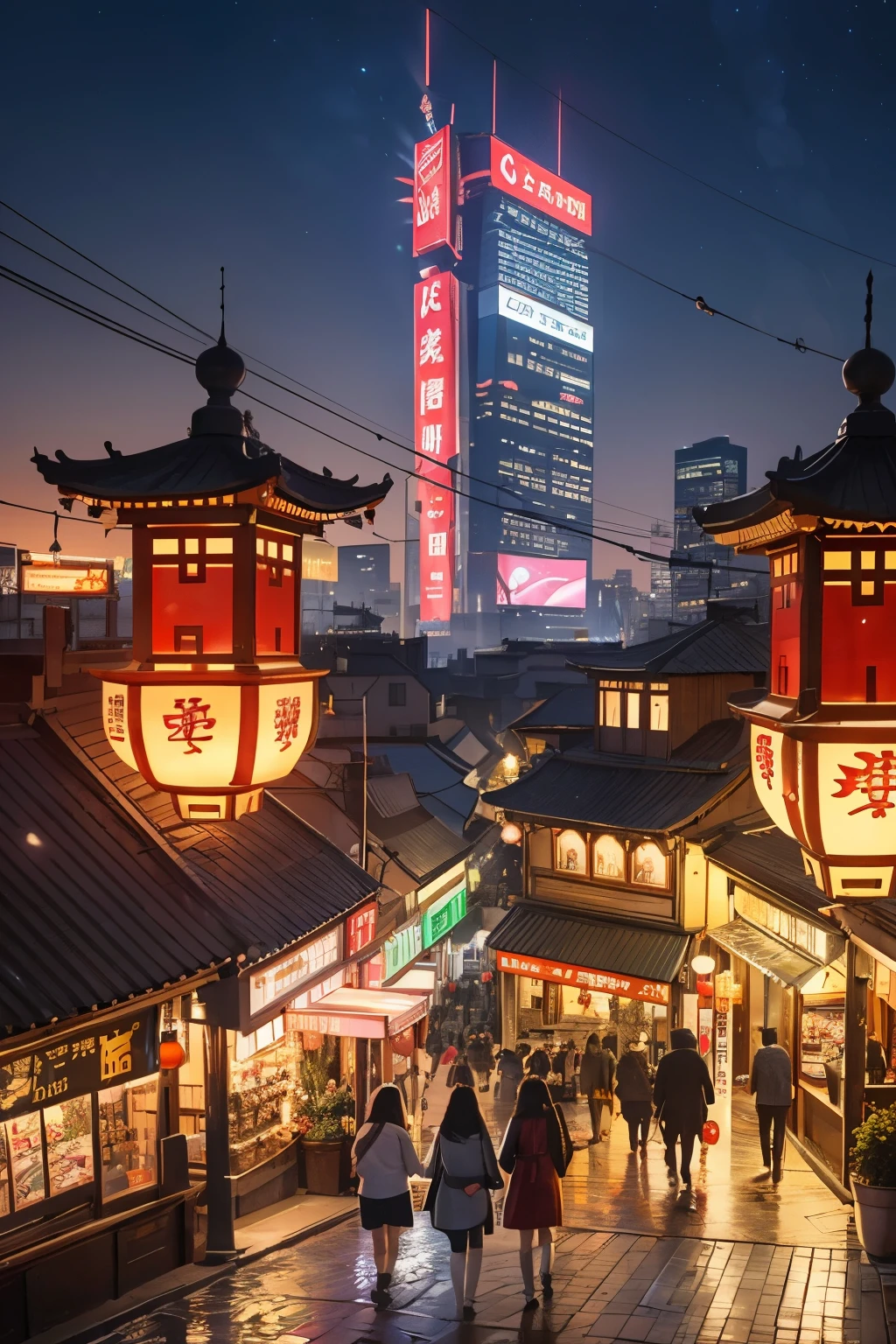 masterpiece, high definition, Chinese New Year festival, bustling streets, festive atmosphere, lanterns hanging delicately, fireworks illuminating the night sky, city miniature landscape, intricately detailed buildings, vibrant colors --s2
