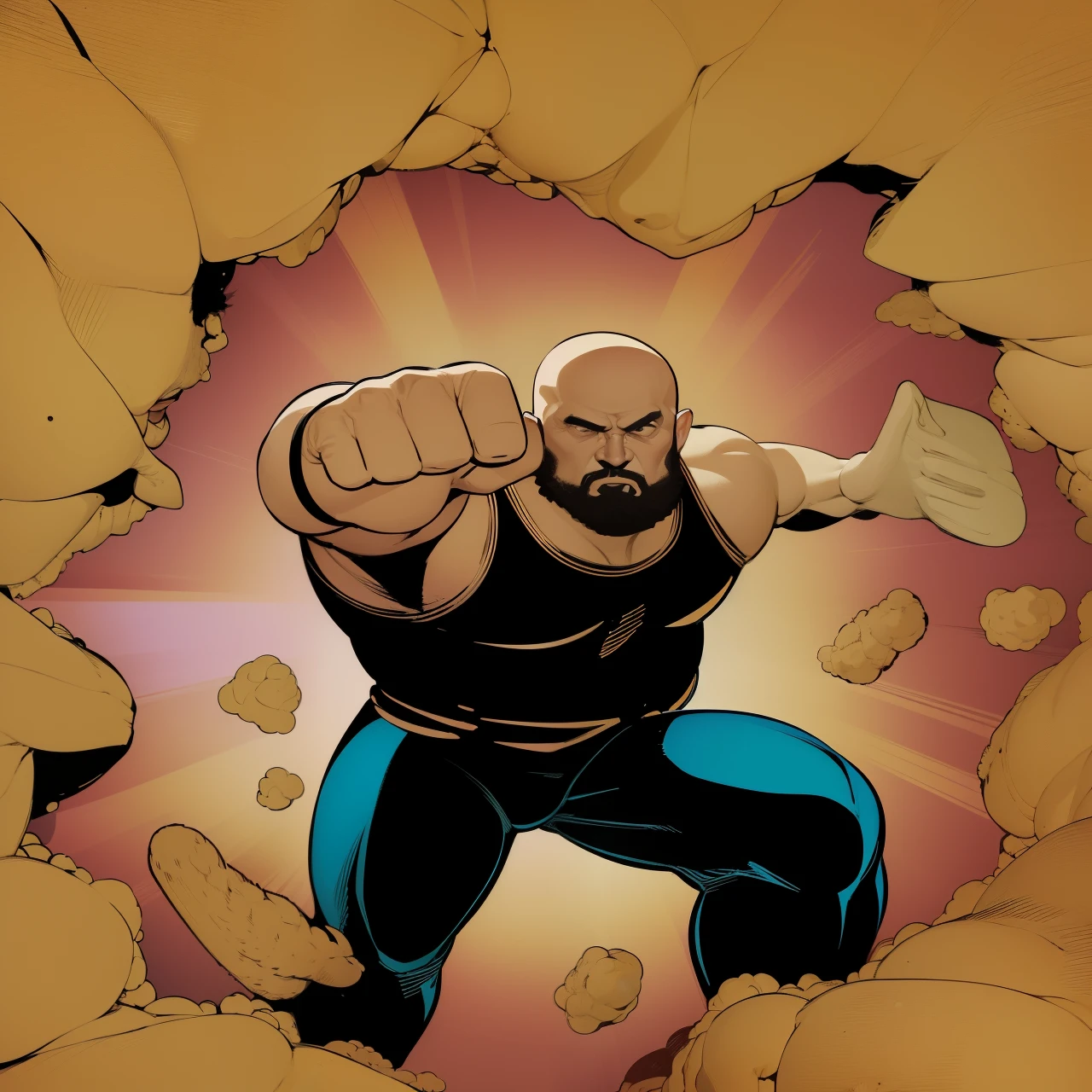 um close de um personagem de desenho animado socando uma parede, inspirado em Daryush Shokof, homem musculoso, epic comic book style, closeup de estilo de gesto pesado, comics illustration, middle aged bald superhero, retrato de homem robusto, arte digital em quadrinhos, heavy appearance, personagem de jogo de luta, dramatic action pose, retrato de Zeus robusto, Arte Promocional, estilo visual da capa dos quadrinhos