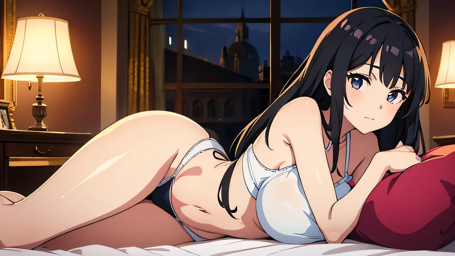 (1 girl with beautiful face) in big bedroom, castle bedroom, princess, black hair, looking at herself, examine body, wearing underwear, best anime artstyle, 4k illustration