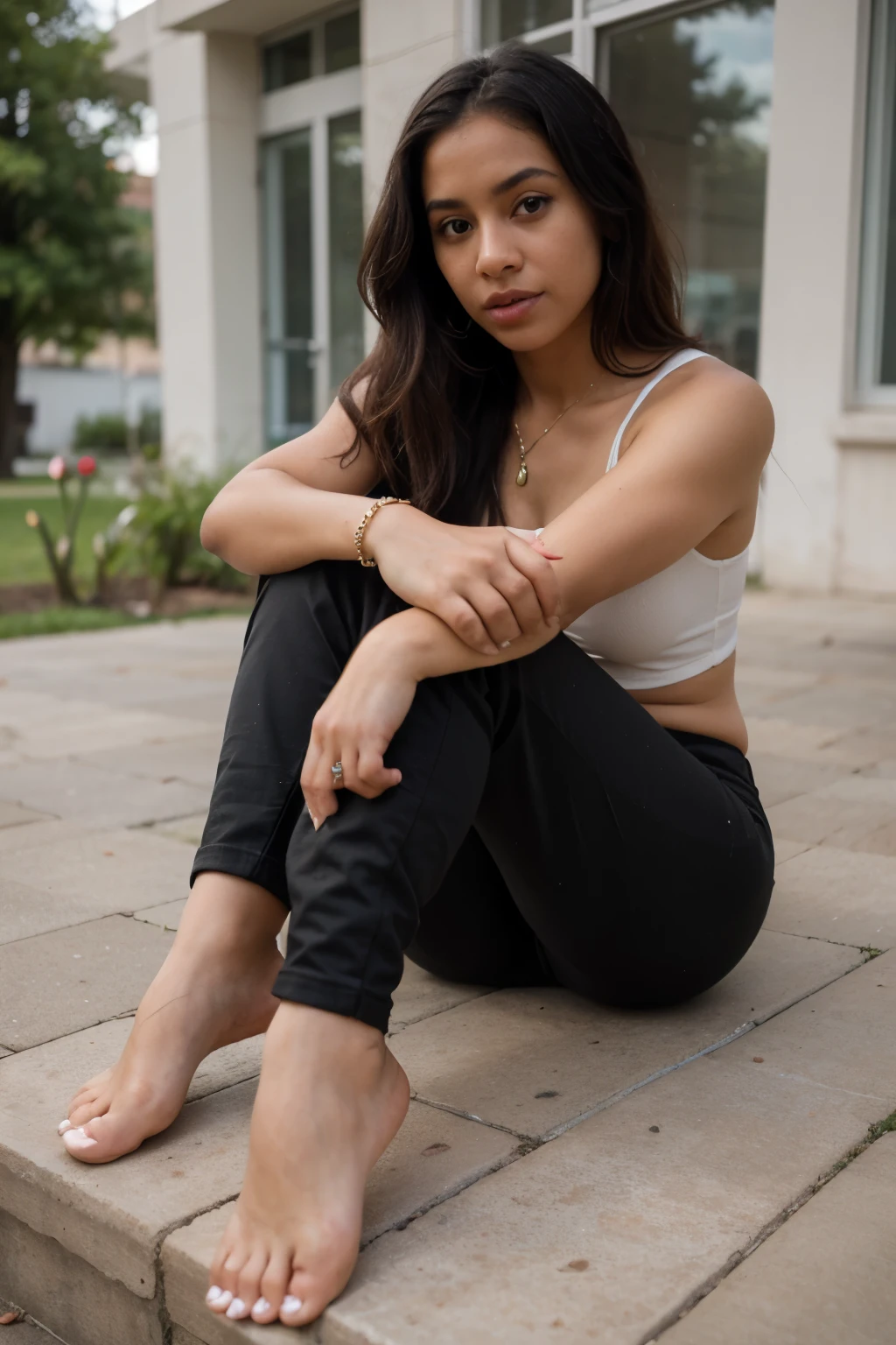 Barefoot black darkskin latina woman who hates shoes and never wears them and hates shoes in public with anklets and other barefoot jewelery with very strong feet wearing pants
