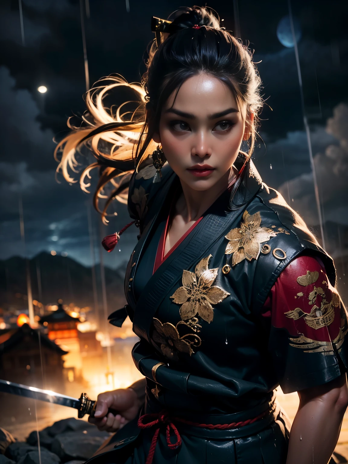 [object Object], (Detailed face features:1.3),1woman,delicate face,bright eyes,beautiful face,((japanese princess)),in the palace,japanese architecture,flames of war raging everywhere,((fighting stance:1.2)),((blunt bangs)),outdoor,((wet clothes)),wet skin,((stormy rain:1.3)),cloudy sky,((Japanese Warring States  samurai clothing:1.3)),red color sky,((full-moon:1.2)),at night,fierce wind,dynamic shot,black hair,long hair, ,Phoenix patterned clothing,
(RAW photo, 16k, masterpiece, best quality: 1.2), (ultra realism, hyper detailed and intricate realism: 1.3), (wide depth of field, radiant mapping, ray tracing, god rays: 1.2), High dynamic range, vivid, rich details, clear shadows and highlights, realistic, intense, enhanced contrast,(((samurai sword in hand))),HDR,natural lighting,chignon,strong gaze