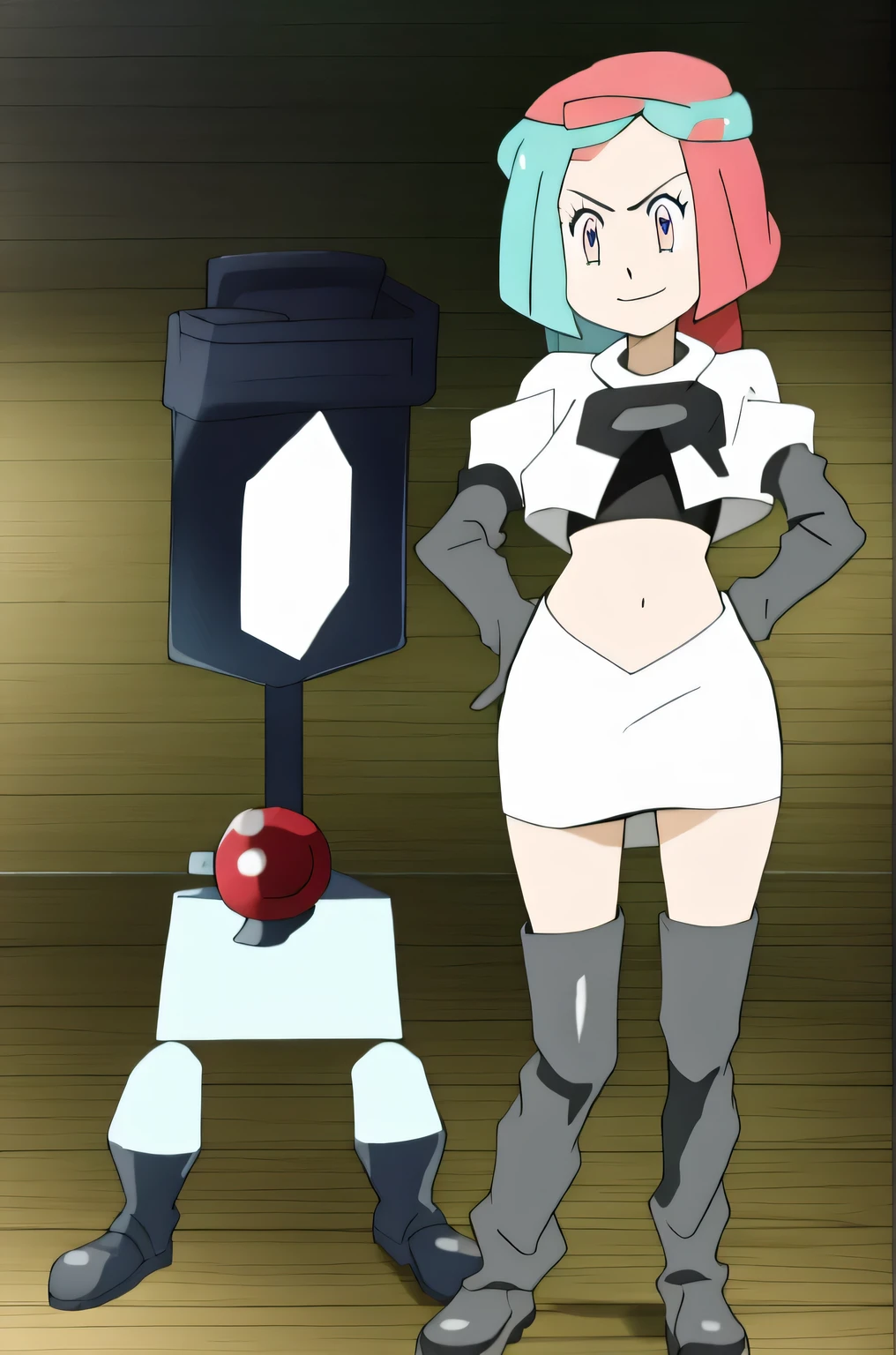 iono,1 girl,pink eyes,solo,smile,open mouth,fangs ,masterpiece, best quality, highres,team rocket uniform, red letter r, white skirt, white crop top, black thigh-high boots, black elbow gloves, glaring angrily, looking at viewer, hands on hips, full body seen, zettai ryouiki