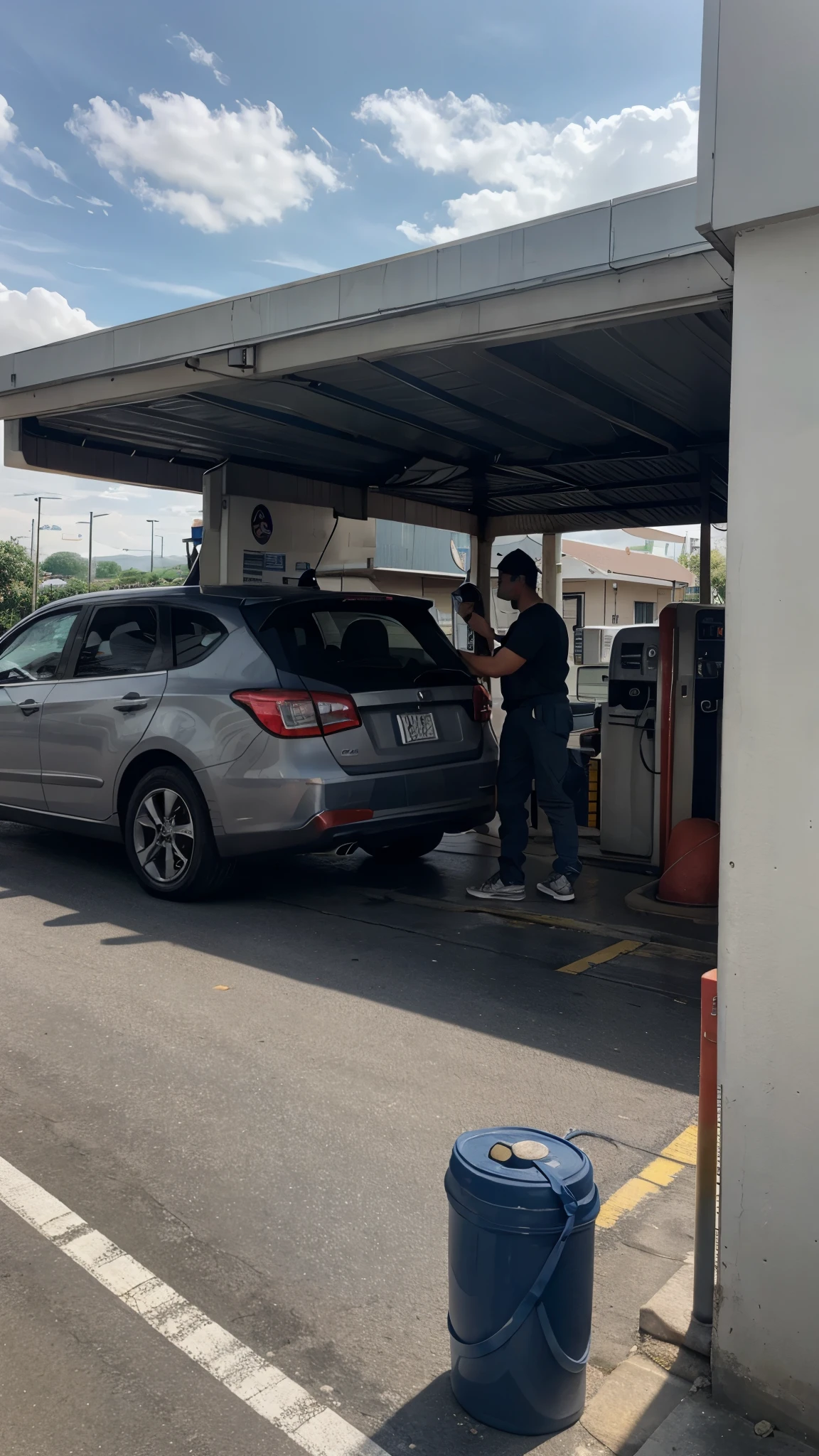 gray rebond Inova, with license plate number KH8937ET, parked at a gas station, filling up with fuel, and carrying goods on the roof of his car which was covered in a tarpaulin