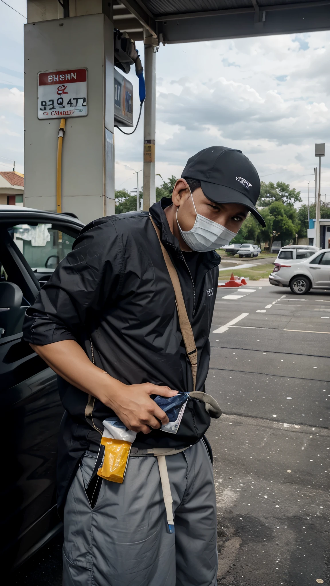 gray rebond Inova, with license plate number KH8937ET, parked at a gas station, filling up with fuel, and carrying goods on the roof of his car which was covered in a tarpaulin