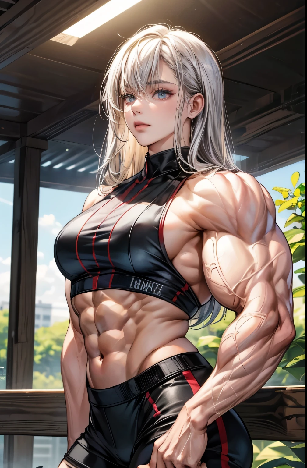 (best lighting) , (Extremely complex and detailed) , 4K unified, (Super detailed CG: 1.2) , (8k: 1.2),(original), (masterpiece) , (best quality),(masterpiece:1.4),Anime-like high quality,(masterpiece),masterpiece, Super clear picture quality,clearer than,(delicate face)best quality, absurd,((Master of Peace, 4K, 8k, Yes, high resolution))1个girl, female student,She was in the garden,Ten strong abdominal muscles,stand up,Crop topping,dense, Raised veins on arms,Super large muscles,The visual sense of exploding muscles,The muscles feel like they are about to explode,Biceps as big as several steamed buns,spring, boots, Perfect body, silver long hair, dynamic poses,legs exposed,Strong leg muscles ((bodybuilder:1.5)),spring Garden,(beautiful bass),(girl),(Miss),(((Upper body:1)))Trendy midriff-baring outfit