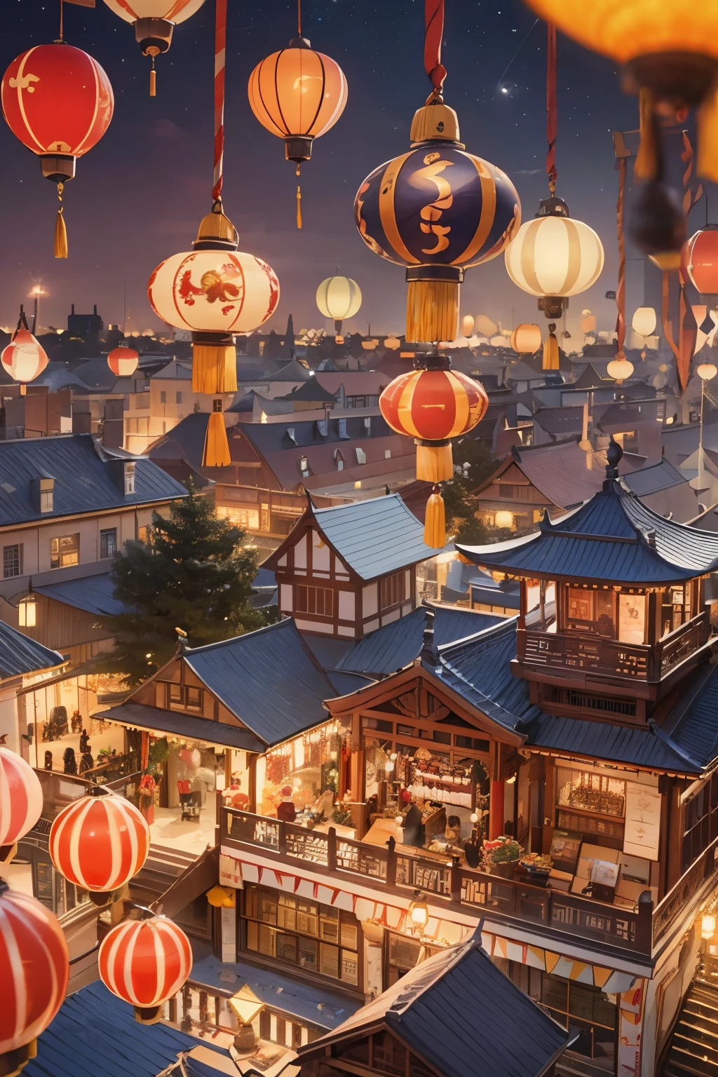 masterpiece, high definition, Chinese New Year festival, bustling streets, festive atmosphere, lanterns hanging delicately, fireworks illuminating the night sky, city miniature landscape, intricately detailed buildings, vibrant colors --s2