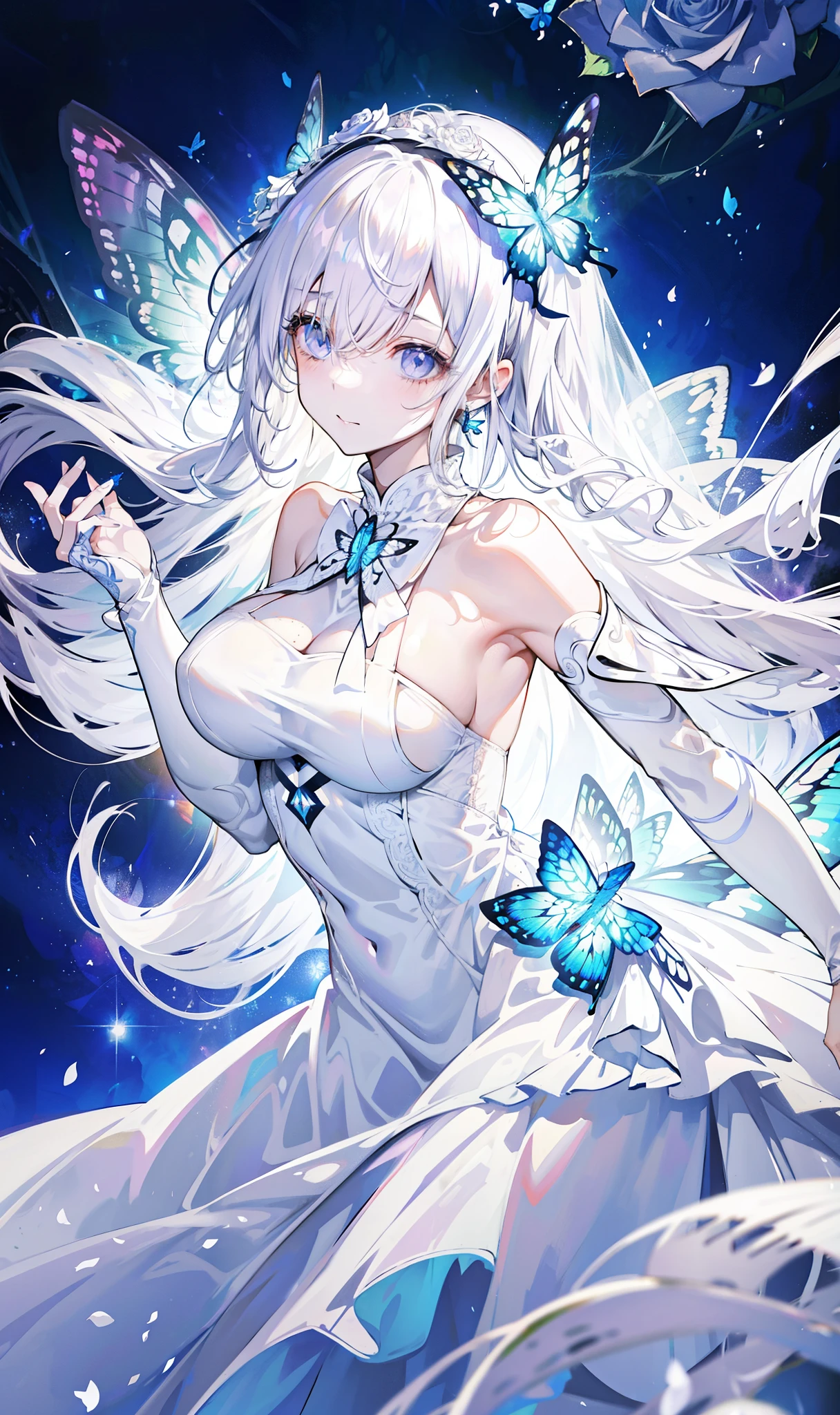 silver hair，Butterfly，long white hair，white wedding dress，8k wallpaper，Detailed background，Highest resolution，Deep V big breasts，hair covering one eye，bandeau wedding dress，Chis，White Rose，tight，full-body shot