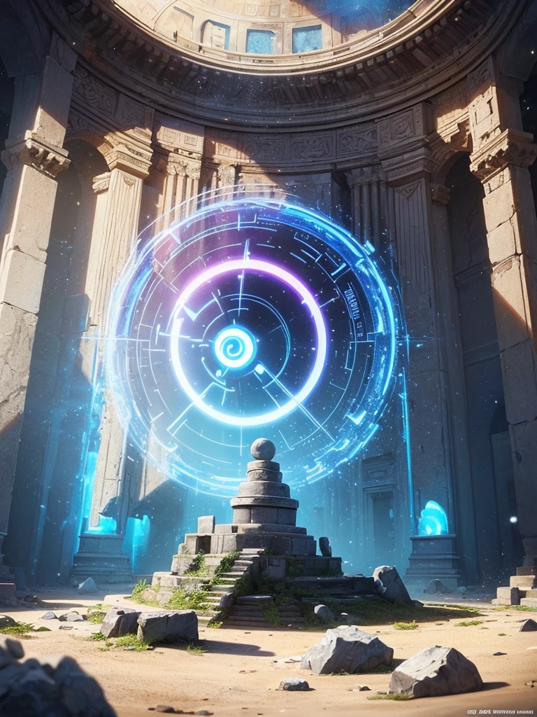 A door placed above the altar of a ruined ancient ruin., huge circular dome, The dome is decorated with runes, ((A translucent neon door at the very back)), ((A rainbow-colored door that brings together the technologies of ancient civilizations)), highly detailed digital art, Stunning artwork in 8k, 8K high definition concept art, fantasy art, (wide-angle shot), (highest quality), (masterpiece)), realistic, Fantastic, Mysterious