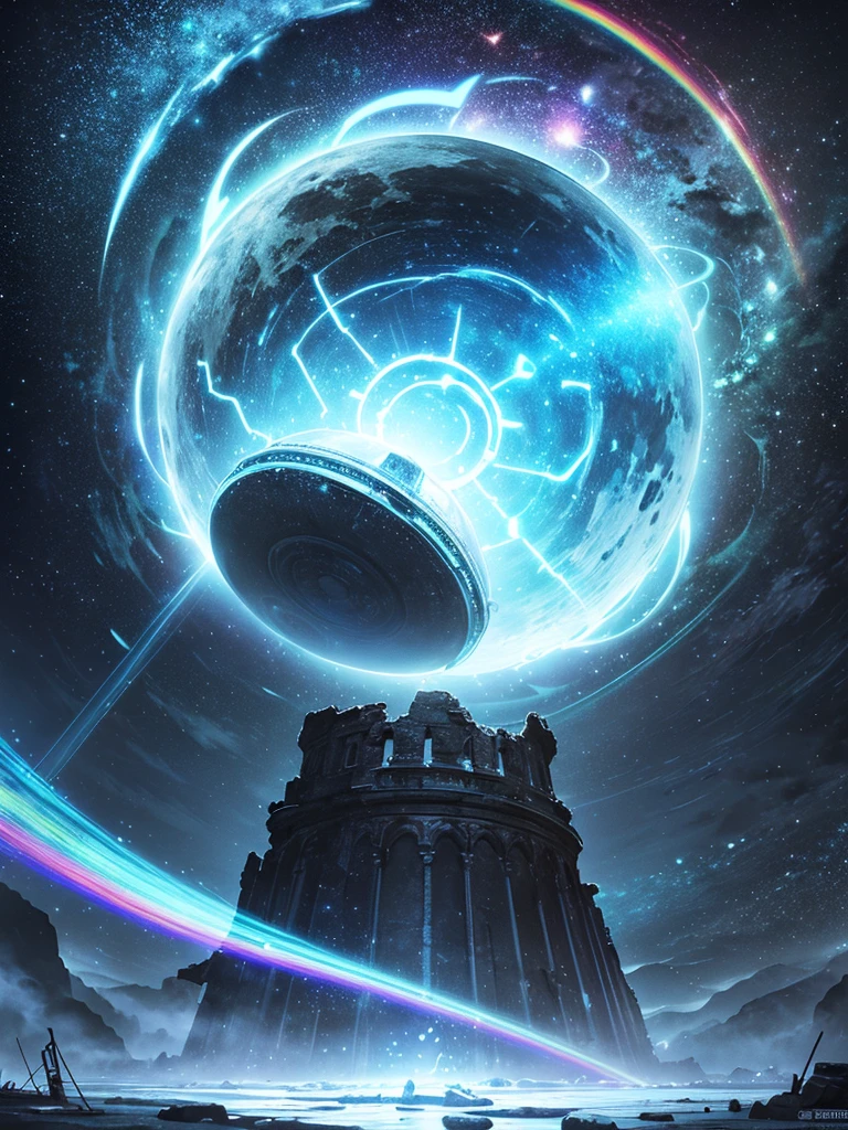 A door placed above the altar of a ruined ancient ruin., huge circular dome, The dome is decorated with runes, ((A translucent neon door at the very back)), ((A rainbow-colored door that brings together the technologies of ancient civilizations)), highly detailed digital art, Stunning artwork in 8k, 8K high definition concept art, fantasy art, (wide-angle shot), (highest quality), (masterpiece)), realistic, Fantastic, Mysterious