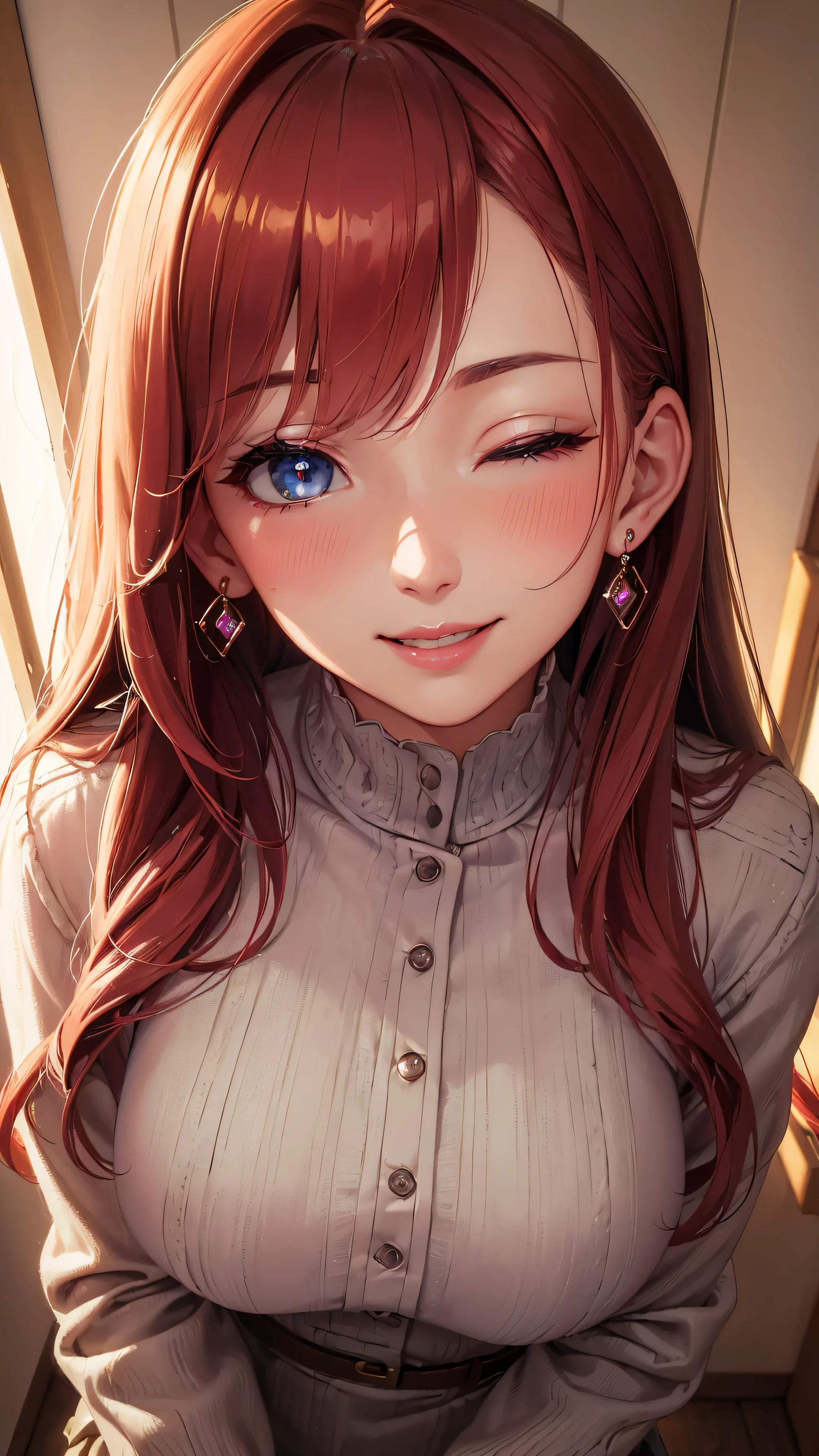 1 woman, (((((UHD))))), (((((masterpiece))))), ((((super detail)))), high details, ((((high quality)))), ((((best quality)))), (((highres))), ((((16k)))), ((Shadows)), red hair, hair over shoulder, side swept bangs, casual jacket, heart-shaped pupils, one eye closed, sparkling eyes, big beautiful light blue eyes, crystal earrings, grin, bright pupils, (evil smile), red lips, light blush, cheek-to-cheek, sparkle, god rays, backlighting, reflection light, bloom, dutch angle, perspective, from above, ((defined jawline))