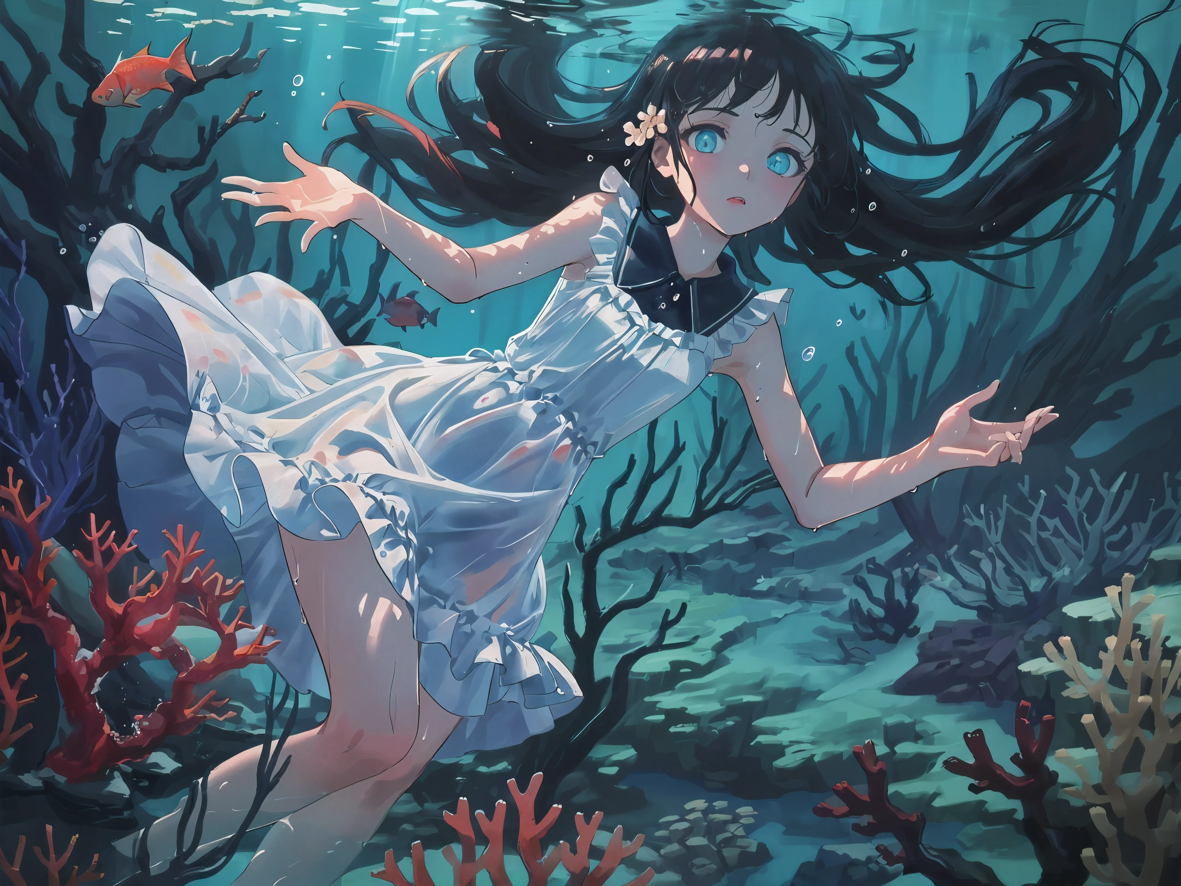 (((masterpiece))),(((best quality))),((Super detailed)),((underwater)),(illustration),(Beautiful and delicate water),((coral)),chiaroscuro, open tuck,((Extremely delicate and beautiful girl)),dynamic angle,floating,(Beautiful and delicate eyes),(detail light),(Change),floating hair,glowing eyes,(splash),underwater)),black hair,green right eye,ice blue left eye,White silk long dress, (wet clothes), textured, The best decoration, The best wrinkles, best shadow, feather,nature,(Sunlight),(underwater forest),(painting),(bloom),(Detailed luminescence),(Soaked),seaweed,fish,(((Tyndall effect))),
