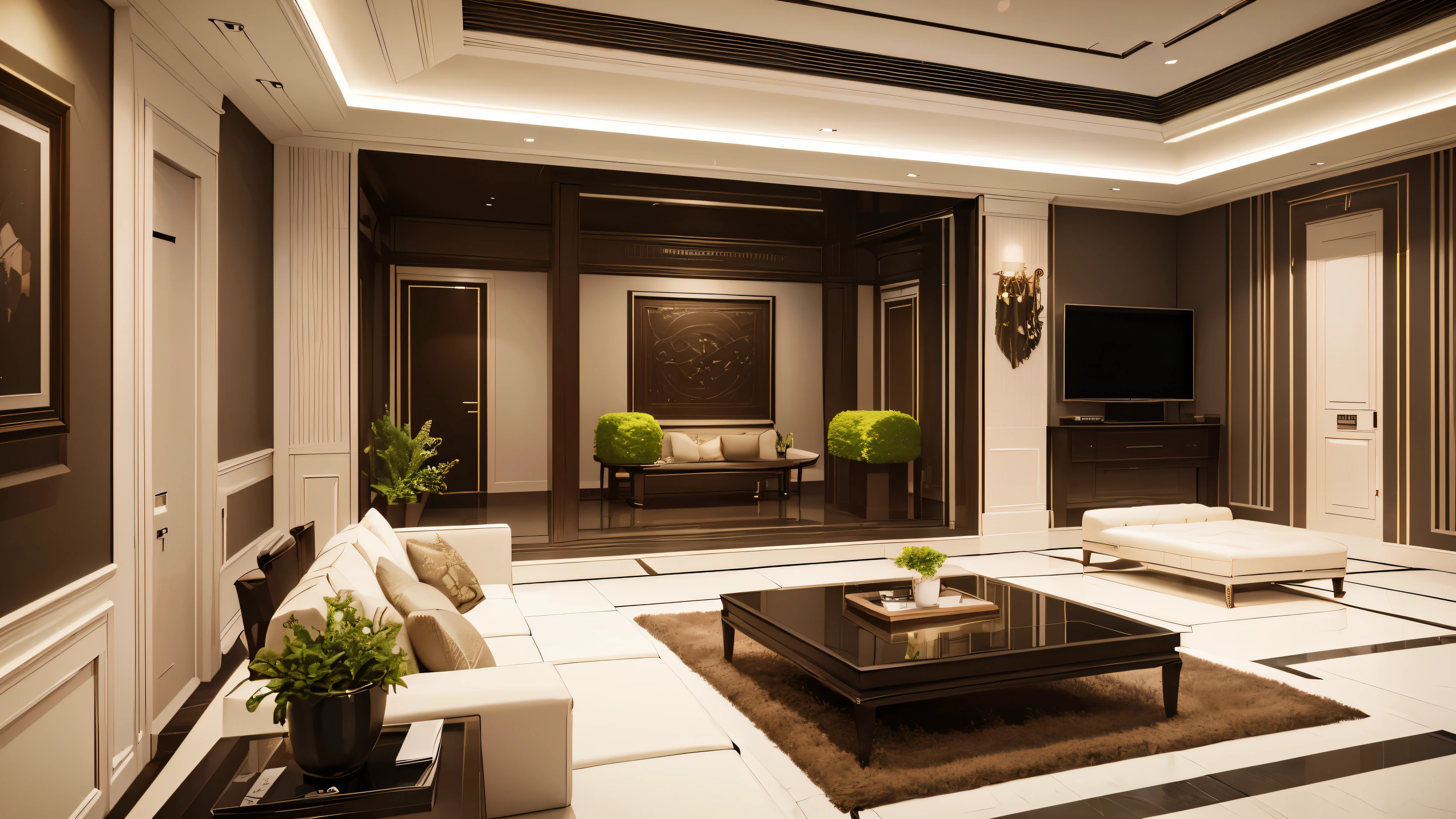 You are a famous interior designer、You have been asked to create a 3D image of a modern large room. Create a harmonious environment with modern and minimalist furniture. Including garden interior.