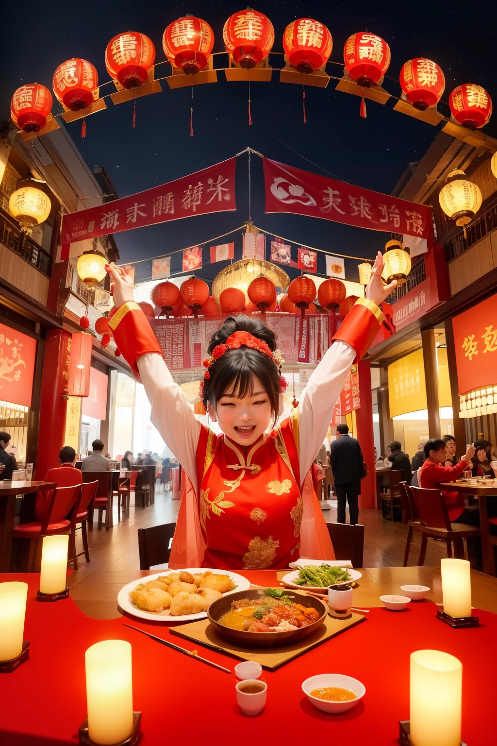 Chinese New Year festival in full swing, festive atmosphere filled with joy and excitement, lanterns of various sizes and colors hanging everywhere, casting a warm and inviting glow, fireworks lighting up the night sky with their brilliant explosions, creating an unforgettable scene, delicious food steaming hot on the dining set, tantalizing the senses with their rich aromas, an effect scene that truly embodies the essence of this celebration, a masterpiece of culture and tradition. (best quality:1.0), (high resolution:1.0), (detailed:1.0), (vibrant colors:1.0), (realistic textures:1.0)