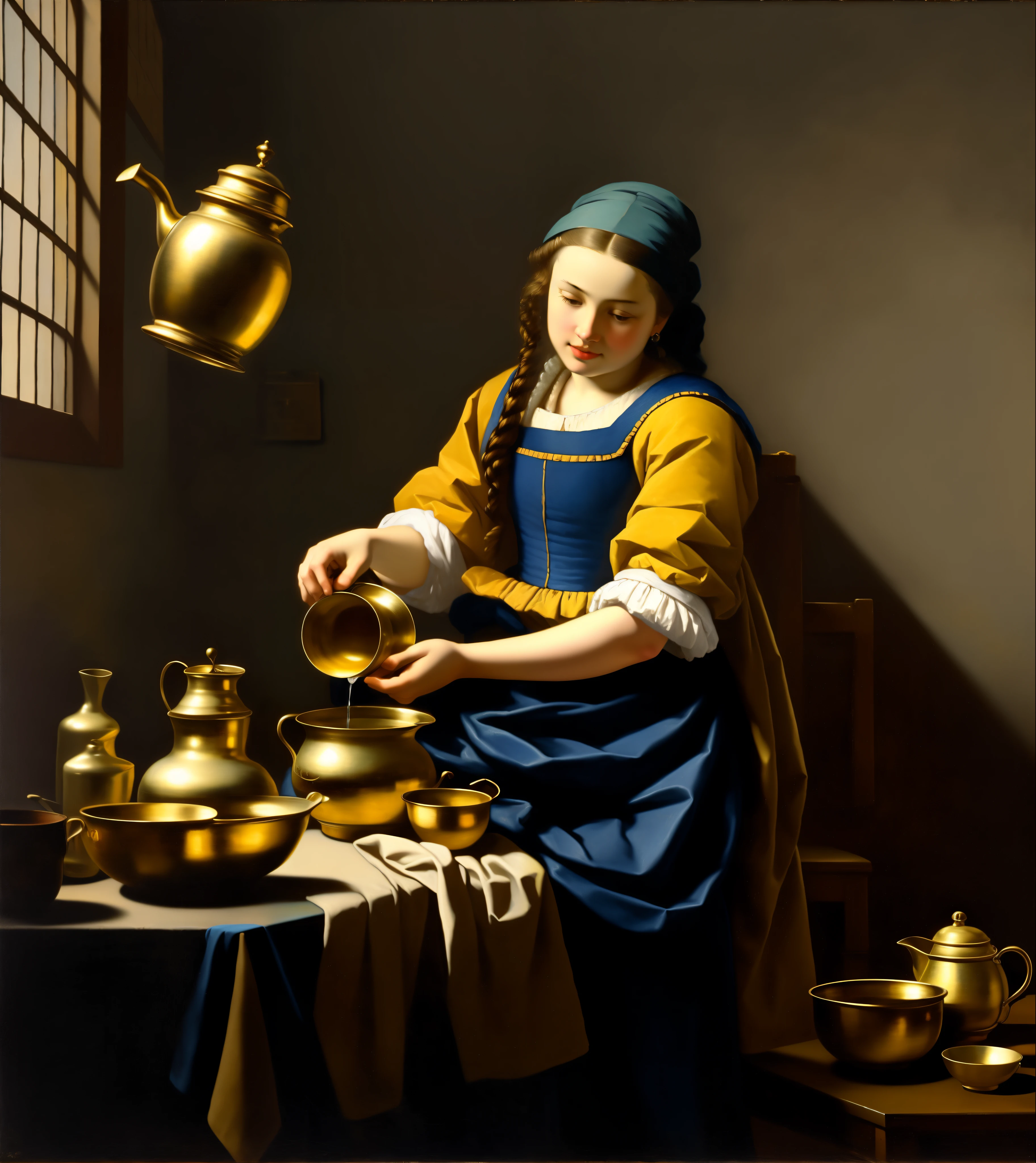 painting of a woman pouring water from a jug, vermeer painting, by Johannes Vermeer, jan vermeer, by Vermeer, ( ( ( ( ( vermeer ) ) ) ) ), johannes vemeer, dutch masterpiece, inspired by Johannes Vermeer, vermeer lighting, inspired by Vermeer, dutch golden age painting, dutch painting
