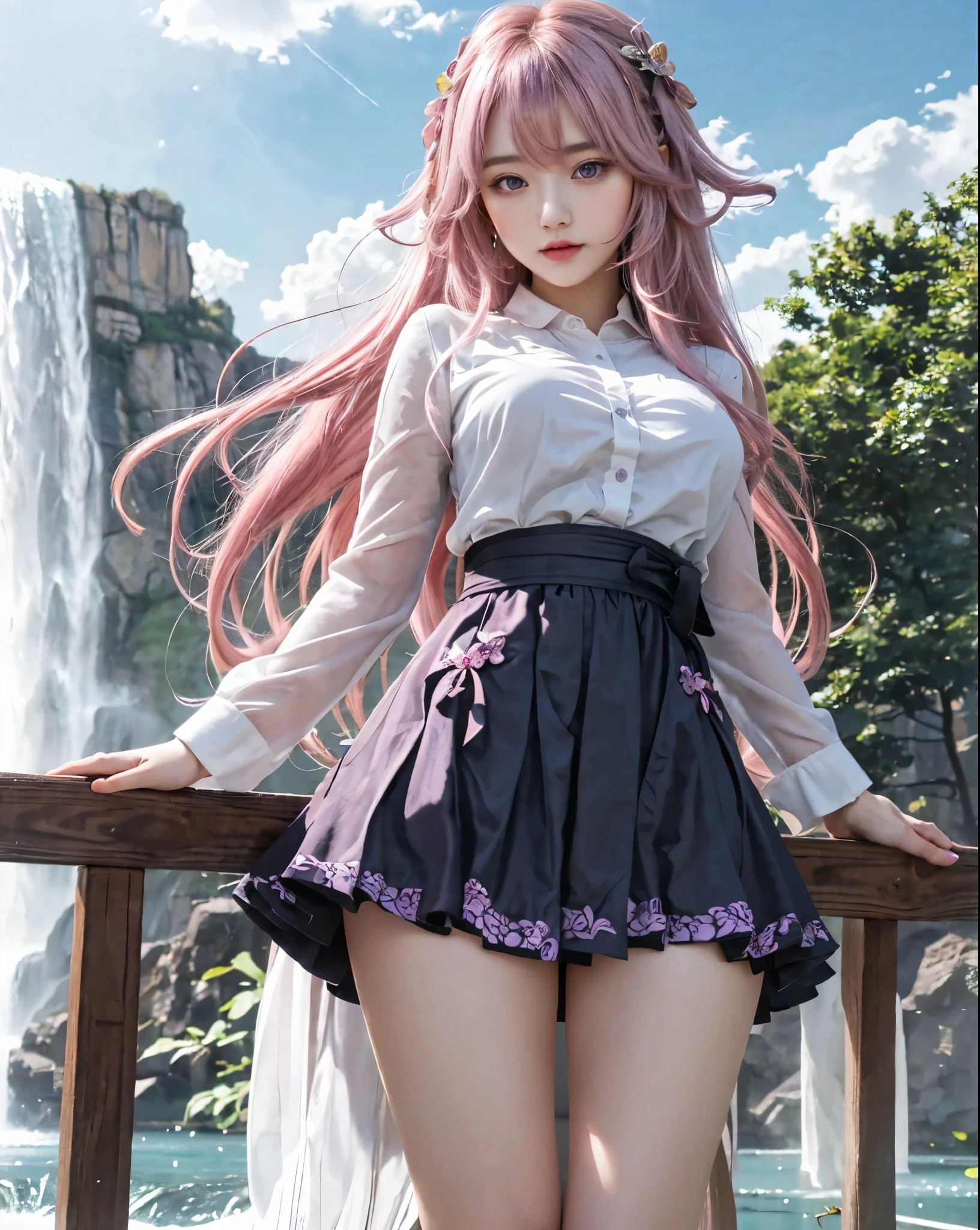 beautiful reallistic girl with long pink hair standing on a bridge near a waterfall, beautiful reallistic girl, seductive beautiful girl, cute girl in a nice dress, beautiful girl with long hair, attractive beautiful girl, girl goddess, pretty beautiful girl, beautiful alluring reallistic woman, beautiful girl, beautiful reallistic woman, smooth reallistic, young beautiful girl, beautiful reallistic high school girl, detailed purple eyes, purple eyes, light pink hair, light purple eyes,
