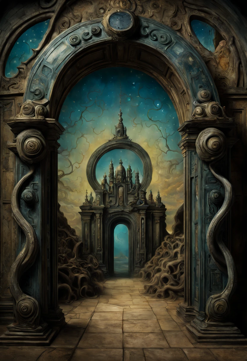 Capture the enigmatic allure of a forgotten gateway that transcends time and space. Emphasize its (mysterious:1.3) presence, (weathered:1.2) architecture, and (intricate:1.1) carvings. Surround it with an otherworldly landscape, (shimmering:1.2) celestial bodies, and (whispering:1.1) echoes. Inspired by the works of (Salvador Dali:1.4) and (H.R. Giger:1.3).