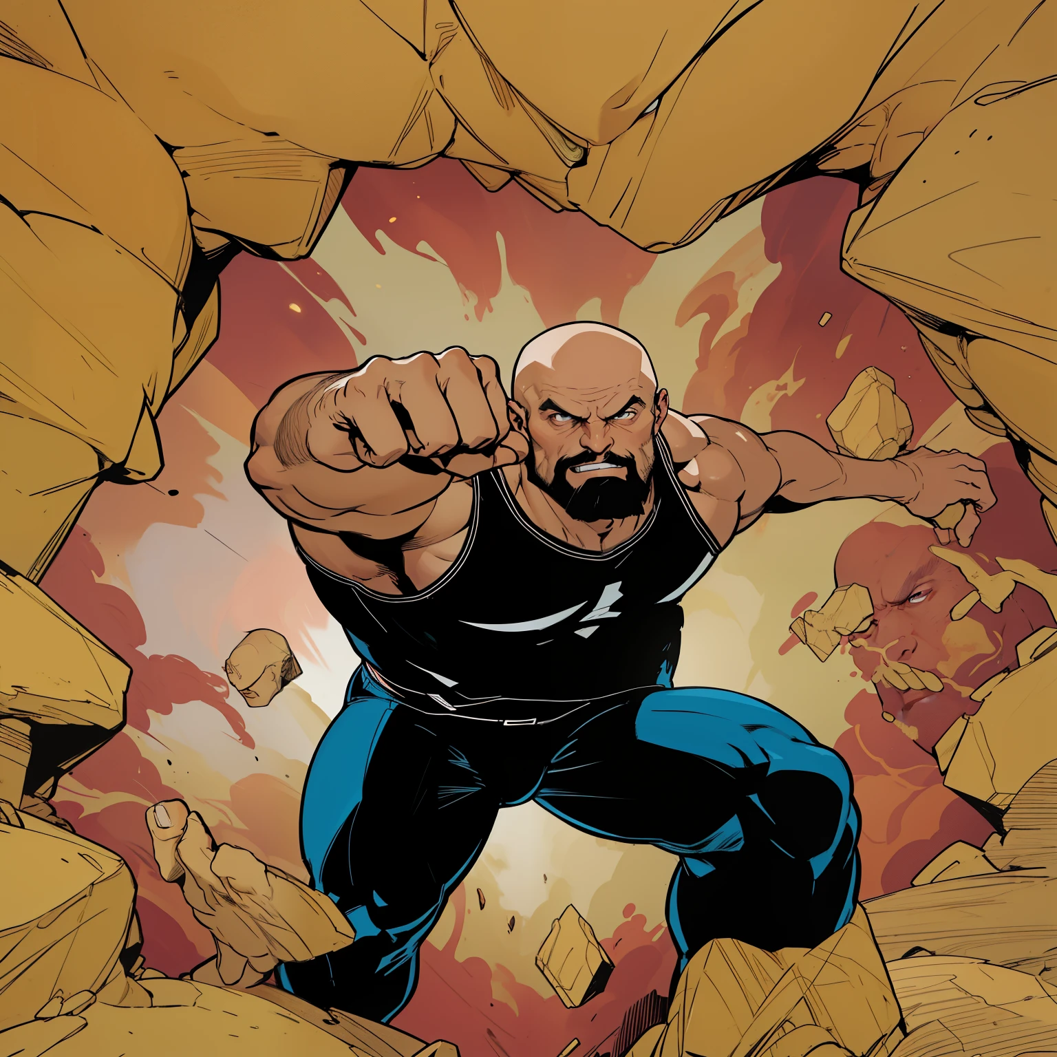 um close de um personagem de desenho animado socando uma parede, inspirado em Daryush Shokof, homem musculoso, epic comic book style, closeup de estilo de gesto pesado, comics illustration, middle aged bald superhero, retrato de homem robusto, arte digital em quadrinhos, heavy appearance, personagem de jogo de luta, dramatic action pose, retrato de Zeus robusto, Arte Promocional, Postura agressiva