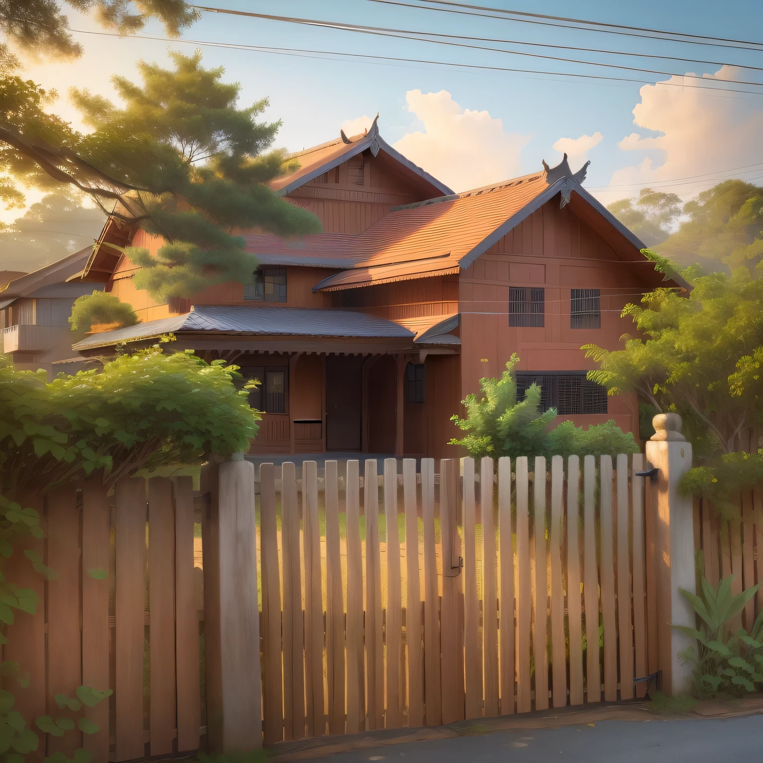 there is a wooden fence in front of a house with a red roof, frontview, wooden house, peaked wooden roofs, village house, my home, view from the street, wooden houses, seen from outside, front view, front-view, colonial house in background, outside view, old house, front side, wooden cottage, street view, cambodia